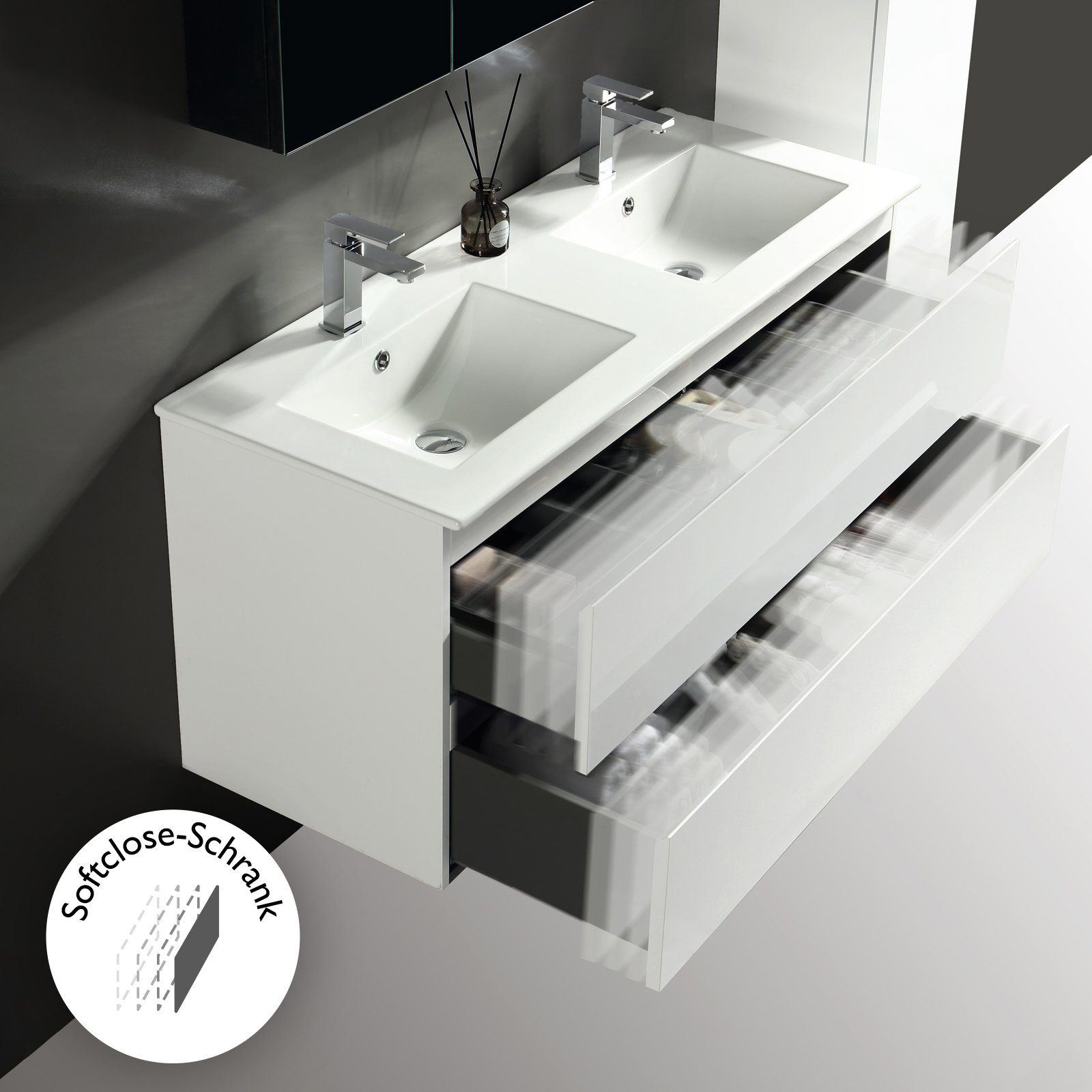 Alpenberger Waschtisch mit Unterschrank - Badmöbel Gäste WC Waschbecken mit Unterschrank (Farbe Weiß, Doppelwaschbecken mit Organizer), Vormontiertes Badmöbel-Set, Doppelwaschtisch 120 cm Breit