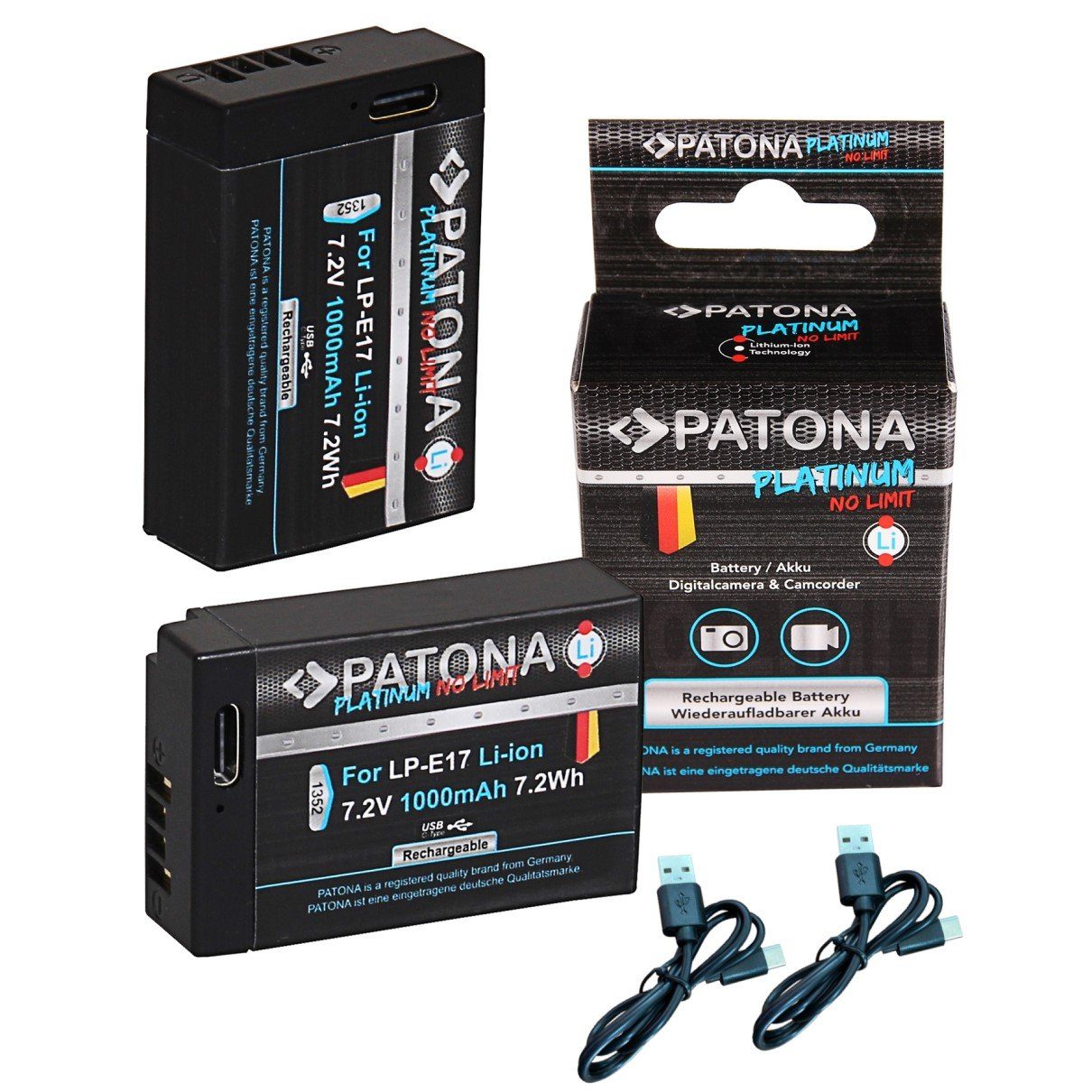 Patona 2x Platinum Akku für Canon LP-E17 Kamera-Akku Ersatzakku Kameraakku 1000 mAh (7,2 V, 2 St), mit USB-C Input EOS RP 77D 200D 750D 760D 8000D