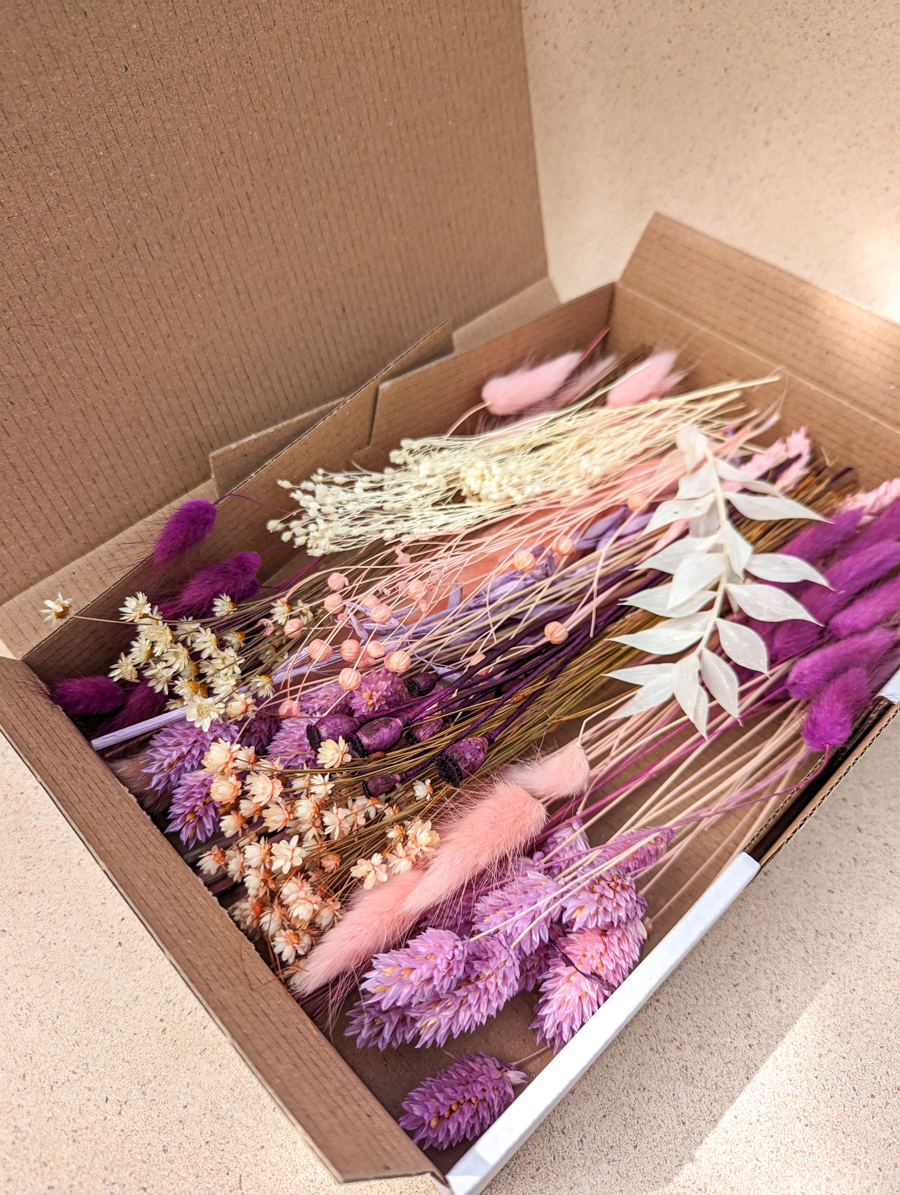 Trockenblume Trockenblumen Deko Box Mix Lila Rosa Natur für DIY Projekte Verschiedene Trockenblumen, Weizen, Phalaris, Lagurus, DekoPanda