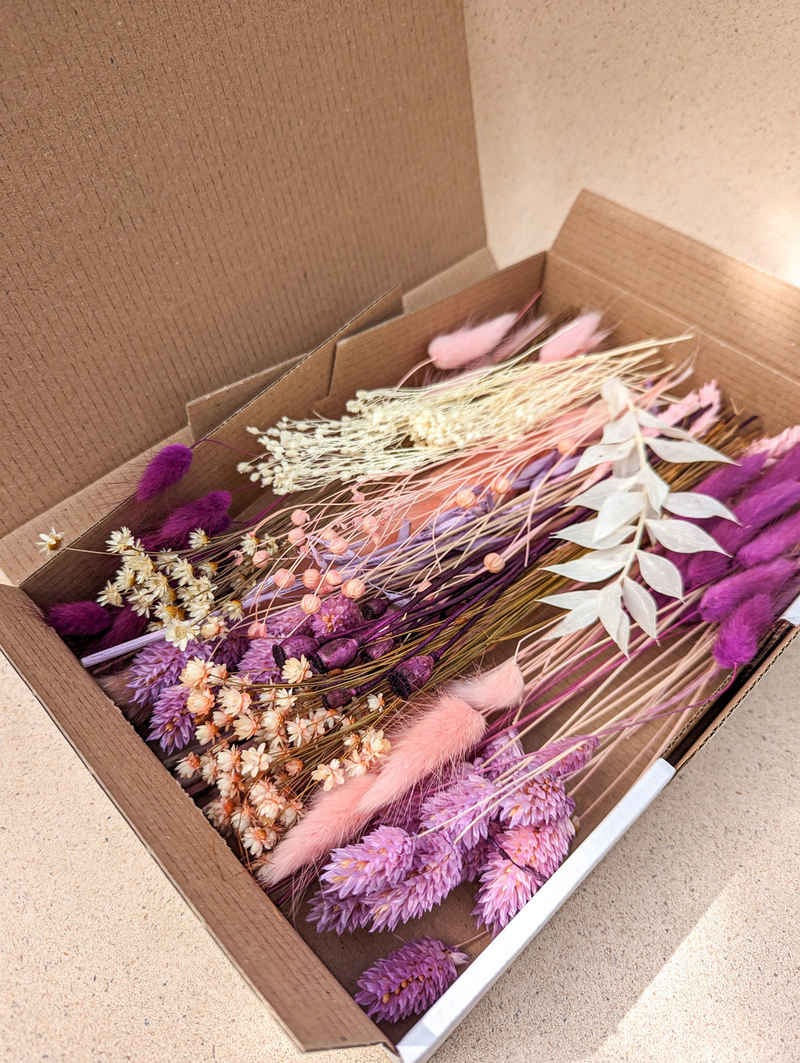 Trockenblume Trockenblumen Deko Box Mix Lila Rosa Natur für DIY Projekte Verschiedene Trockenblumen, Weizen, Phalaris, Lagurus, DekoPanda