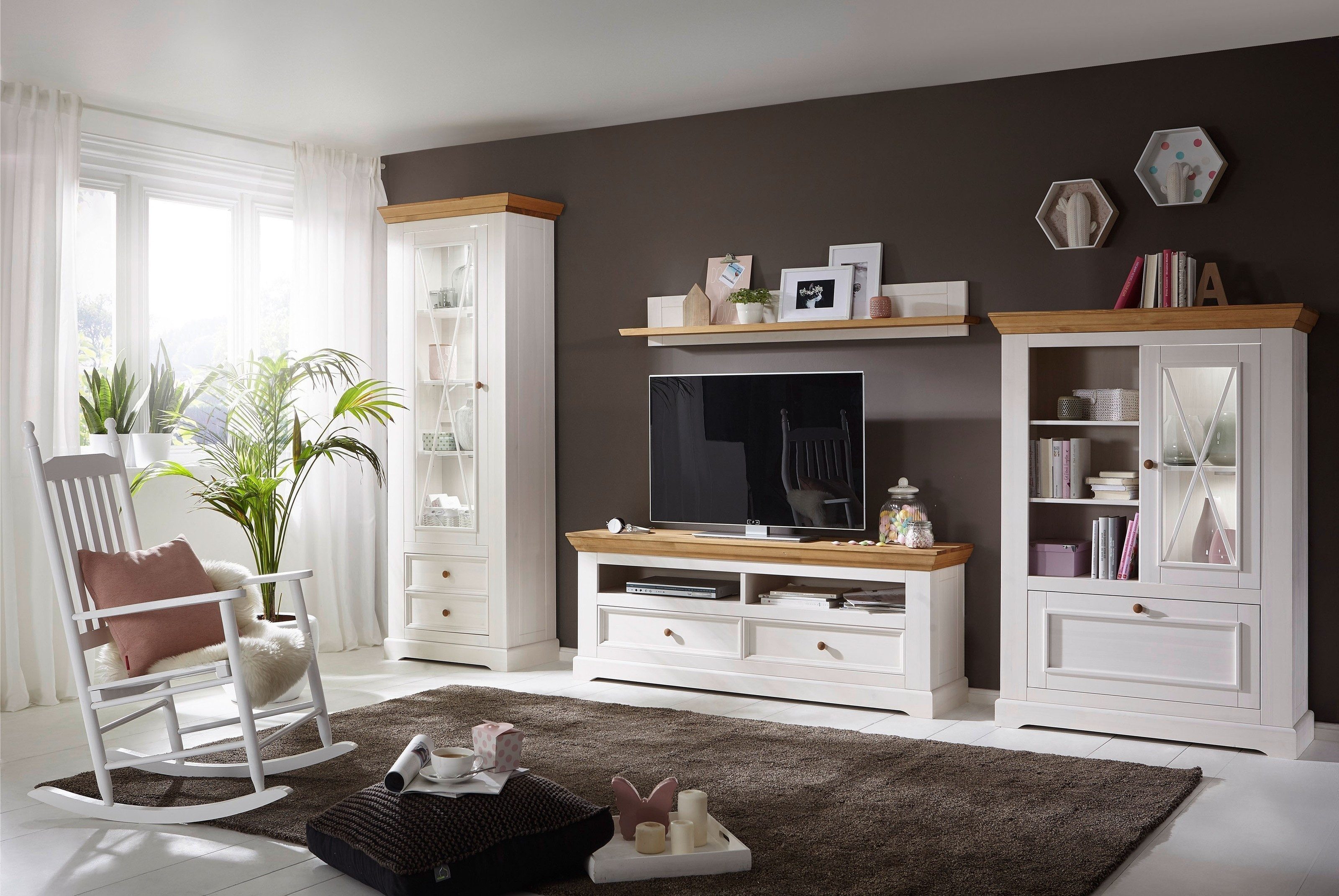 Lebenswert Wandregal WZ-0133, BxHxT: 161x20x20 cm, aus Kiefer massiv in weiß mit Absetzungen in eichefarbig