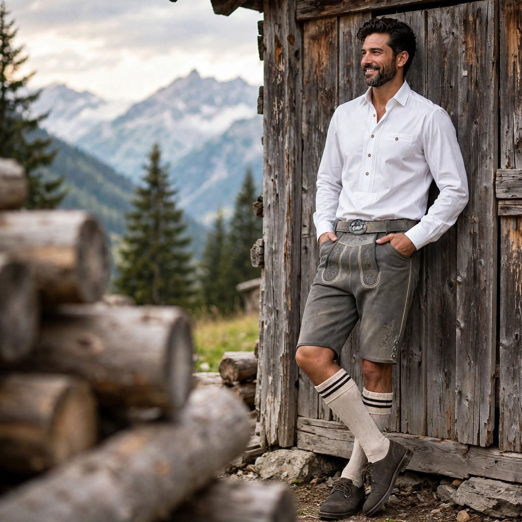 dressforfun Trachtenhose Kurze Herren-Lederhose mit traditionellen Strickereien, hochwertig (Herrenhose Joshua, für Volksfeste in Sandfarben) langlebig, echte K – Bild 3 von 5