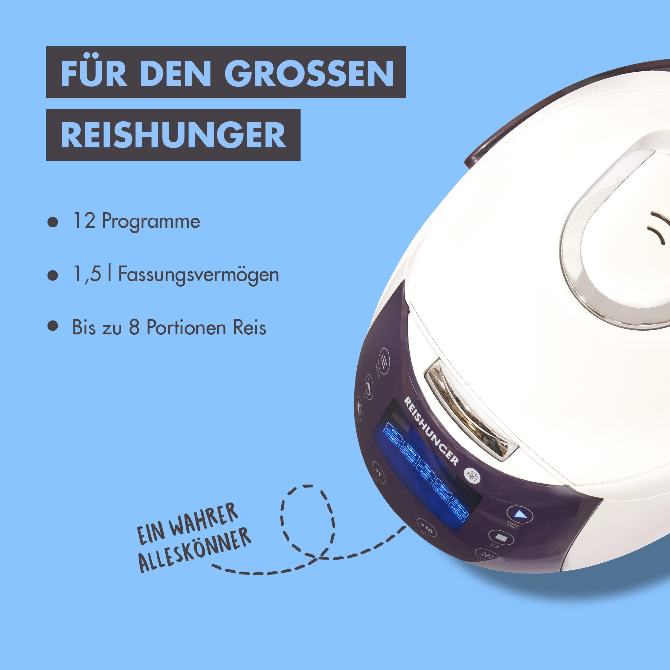 Reishunger Reiskocher - Digitaler Reiskocher & Dampfgarer, 860 W, Timer- und Warmhaltefunktion, 7-Kochphasen-Technologie, LED-Display