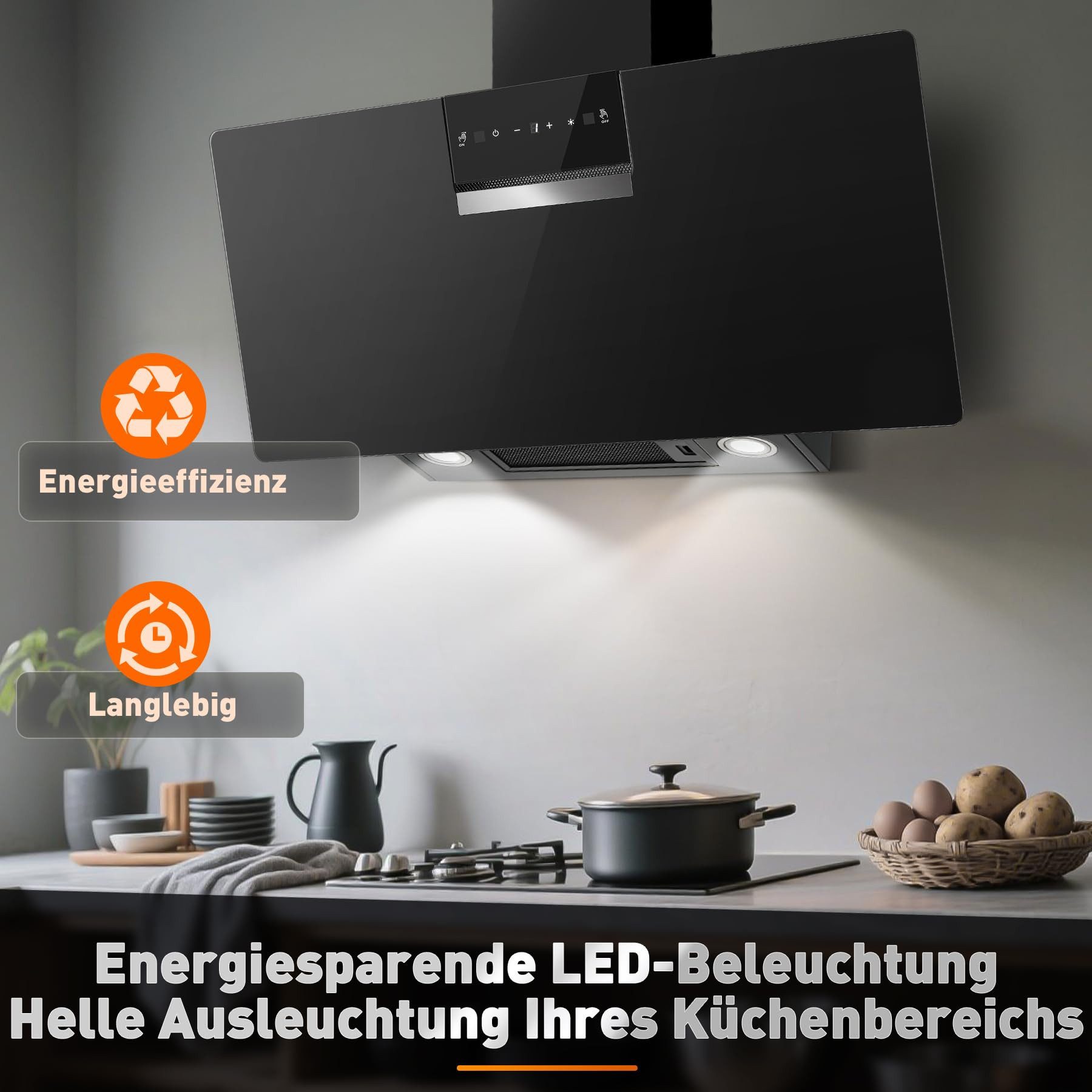 SNDOAS Kopffreihaube Dunstabzugshaube 90cm, A+++ Energieeffizienzklasse, 800 m³/h Saugkraft 3 Stufen + Booster, Touch & Gestensteuerung, Aktivkohlefilter, A+++ – Bild 5 von 5