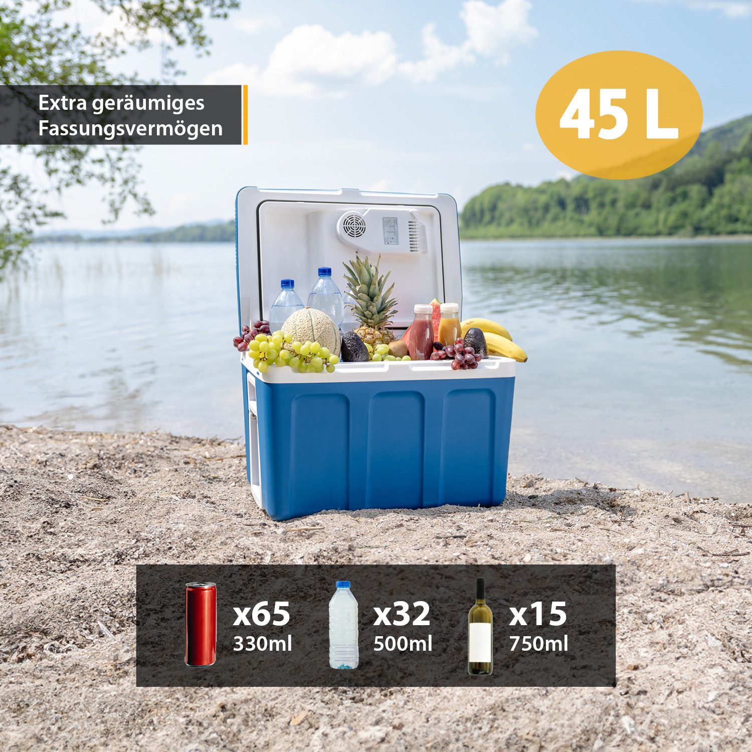 TZS FIRST AUSTRIA Elektrische Kühlbox Mobil Kühlschrank 45L, 12V /230V Anschluss, 12-V-Stecker fürs Auto, für Camping, Festivals, Reisen, Kühlen & Warmhalten