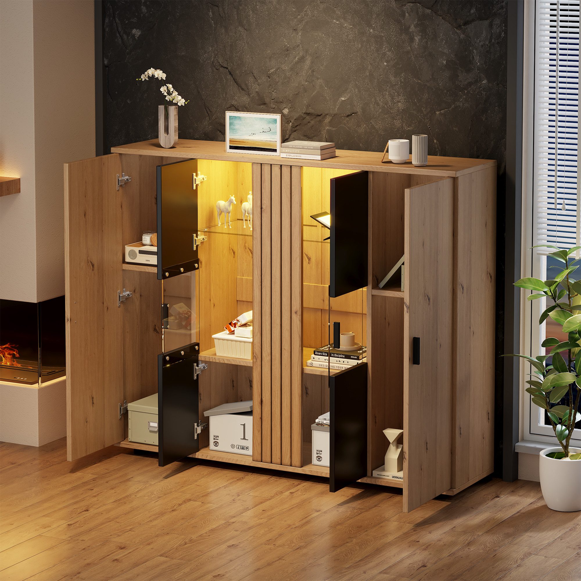 Merax Sideboard mit LED-Beleuchtung (140x35x113 cm, 1 St., Wohnzimmerseiten günstig online kaufen