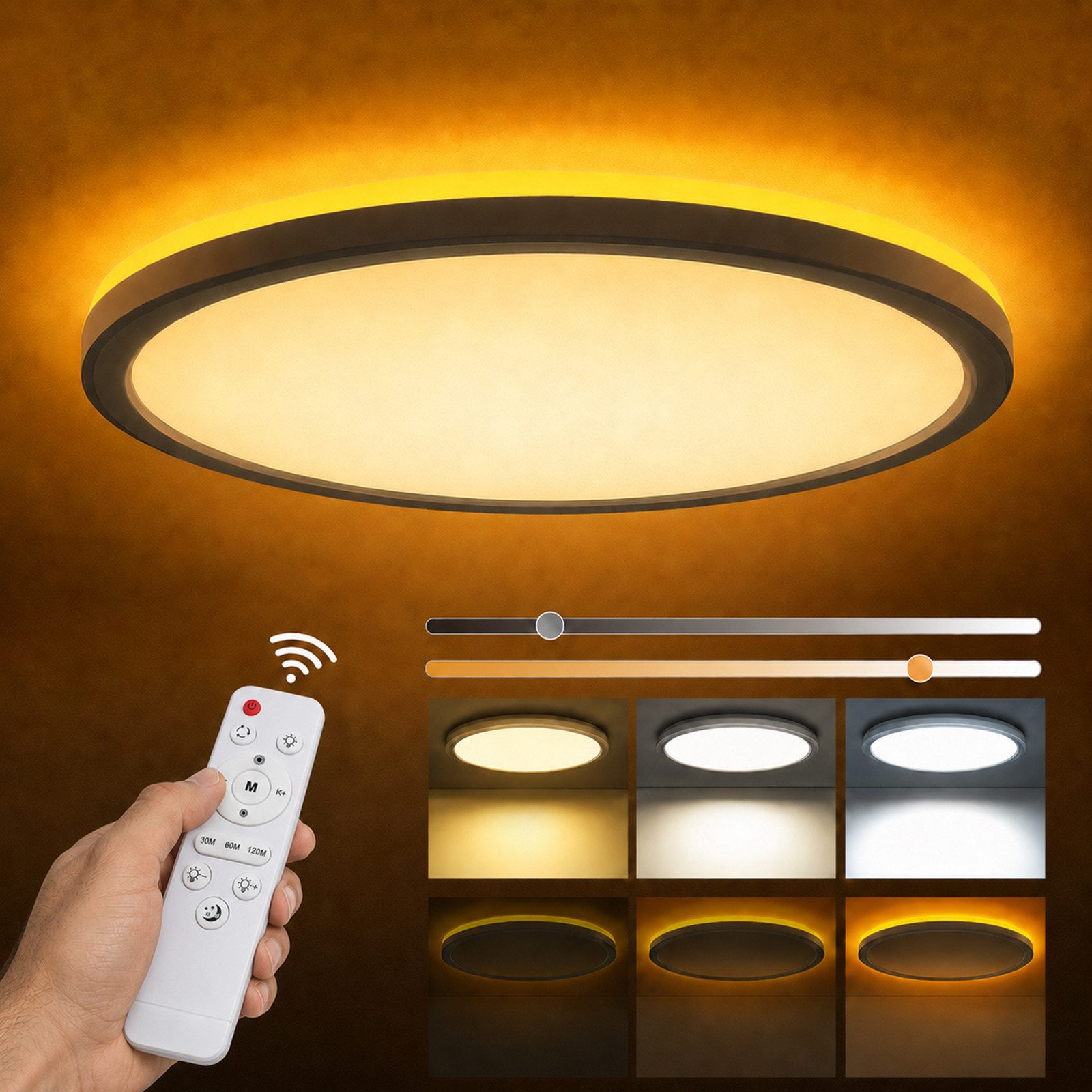 Lapamax LED Deckenleuchte LED Deckenleuchte Flach, Ø30CM, 24W 3200LM Dimmable mit Fernbedienung, dimmbar, Timer, Memory-Funktion, 3 Lichtmodi, LED, fest integriert, Deckenlampe mit Fernbedienung, 4 Farbtemperaturen, Timer und Memory