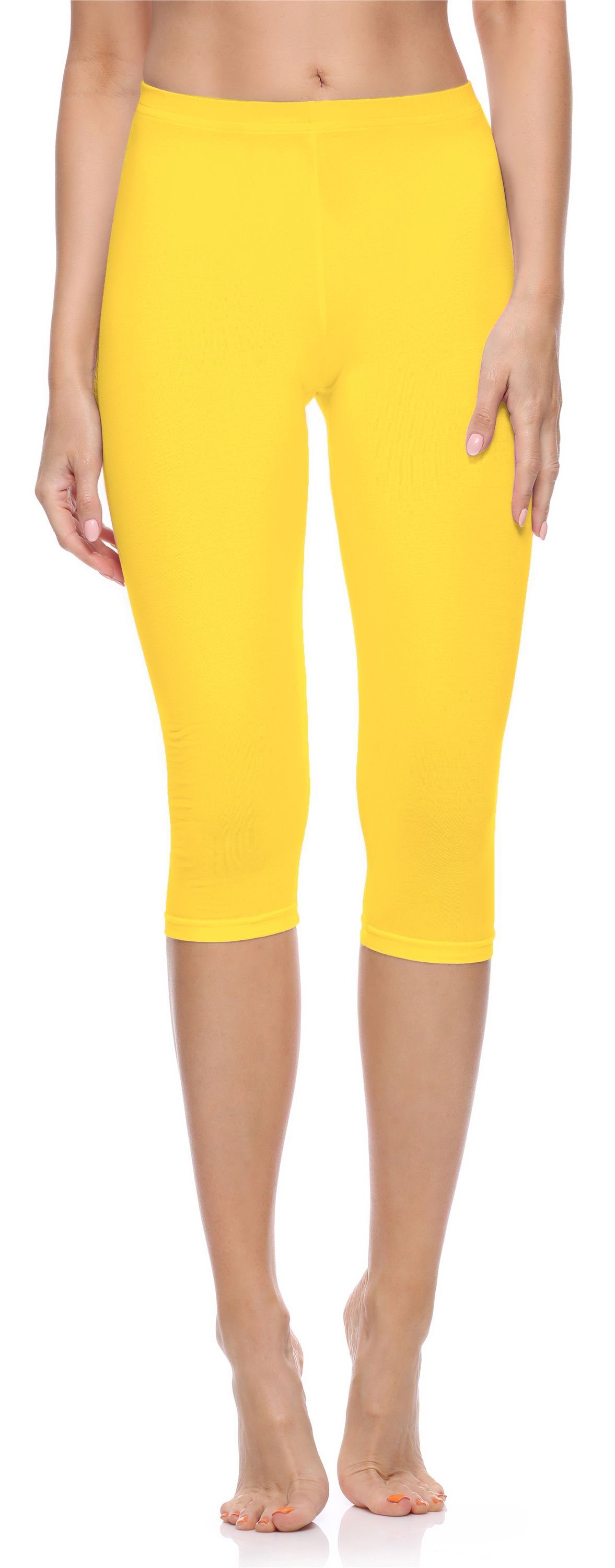 Merry Gelb elastischer Capri Damen Baumwolle MS10-199 Bund 3/4 aus Leggings Style (1-tlg) Leggings