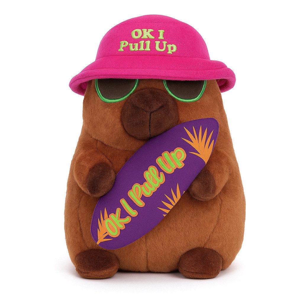 soma Kuscheltier Capybara Plüschtier Kuscheltier 25cm mit Surfbrett Spruch Ok I Pull Up (Set, 1-St., Geschenk-Set), Surfbrett Plüsch Stofftier Geschenk für Kinder Weihnachten Nikolaus