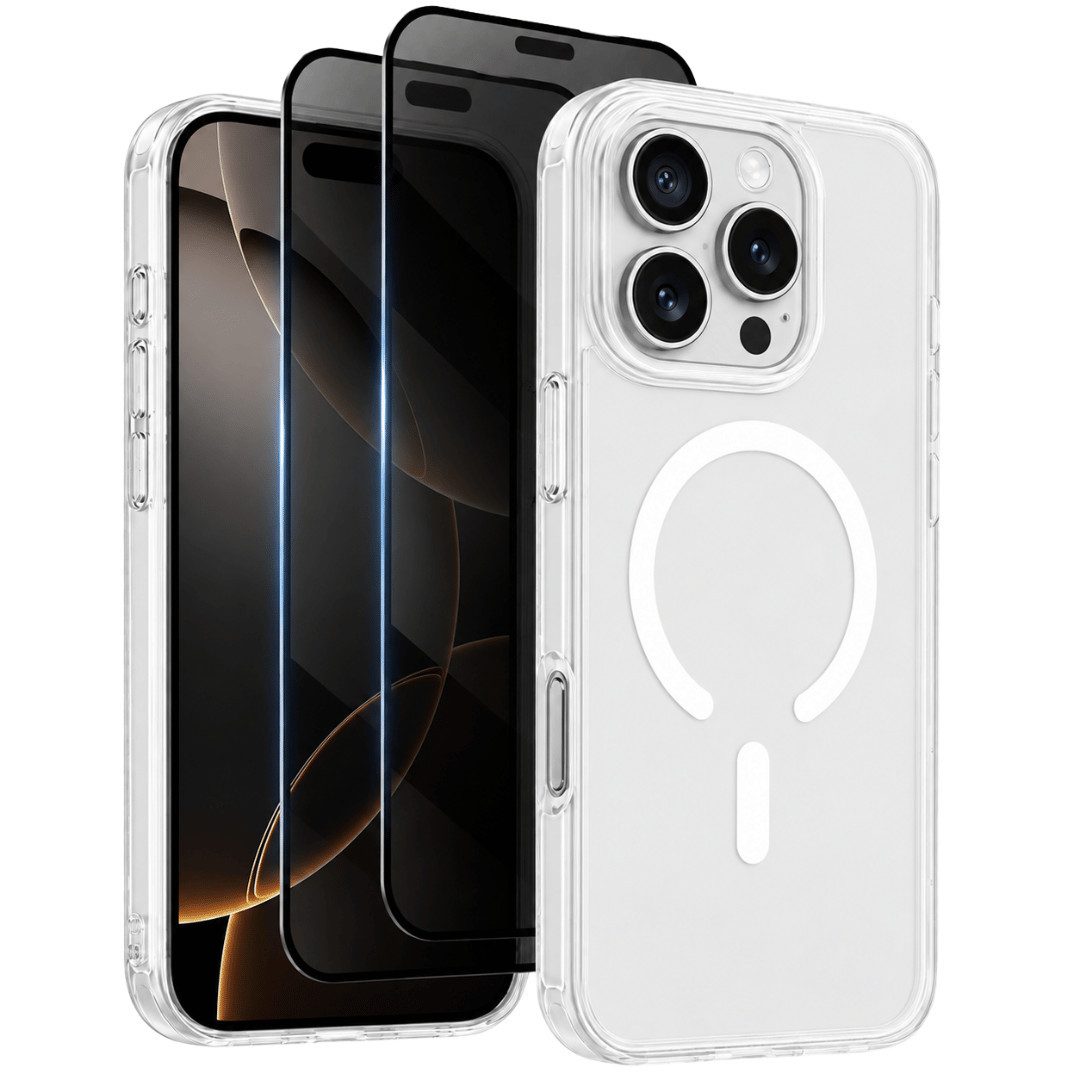 SmartUP Smartphone-Hülle + 2X Schutzglas für iPhone 16 Pro MagSafe Panzerfolie Privacy Case 9H 6,3, MagSafe-Technologie, präzise Aussparungen