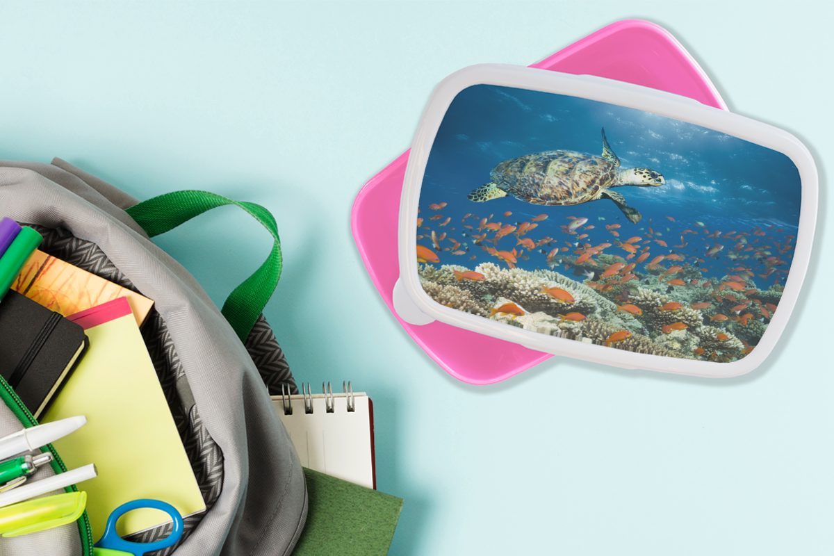 für Mädchen, Kunststoff Korallenriff Schildkröte, Kinder, MuchoWow mit Brotdose Snackbox, Erwachsene, Kunststoff, Lunchbox (2-tlg), rosa Brotbox