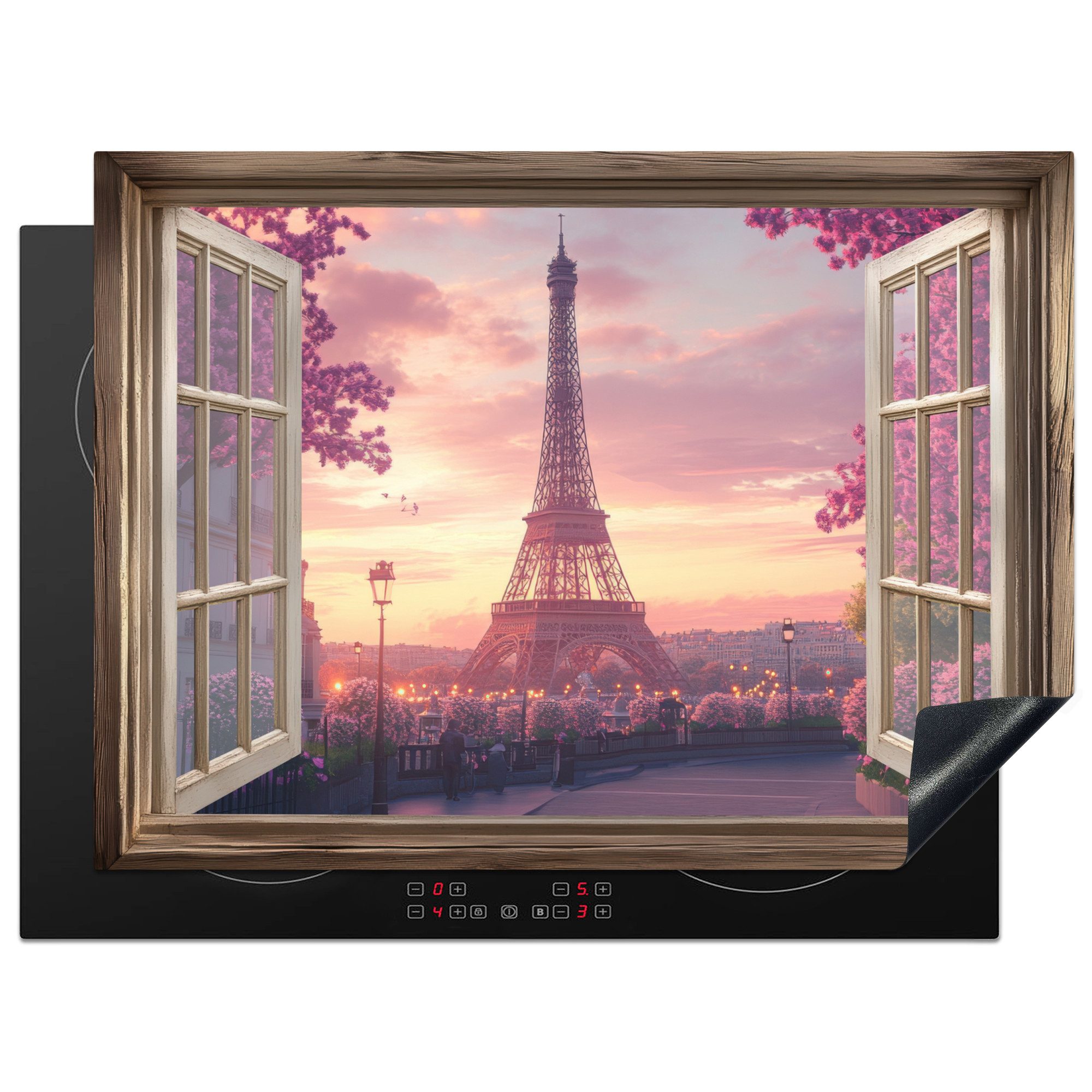 MuchoWow Herd-Abdeckplatte Durchsichtig - Paris - Eiffelturm - Rosa - Kirschblüte, Vinyl, (1 tlg), Küche Herdabdeckung Ceranfeld Induktionsfeld Vinyl, 65x50 cm