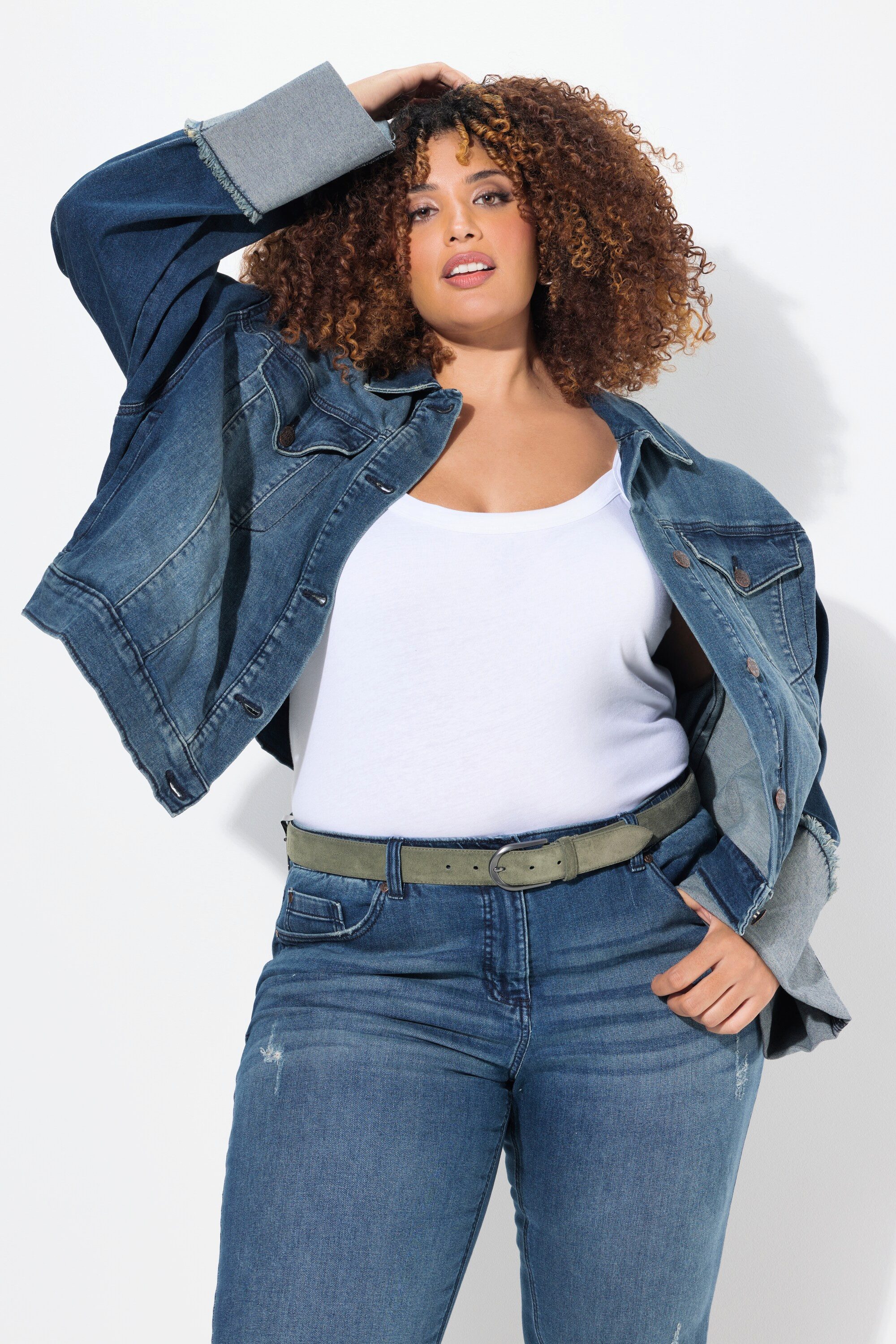 Ulla Popken Jeansjacke Jeansjacke Fransen Hemdkragen