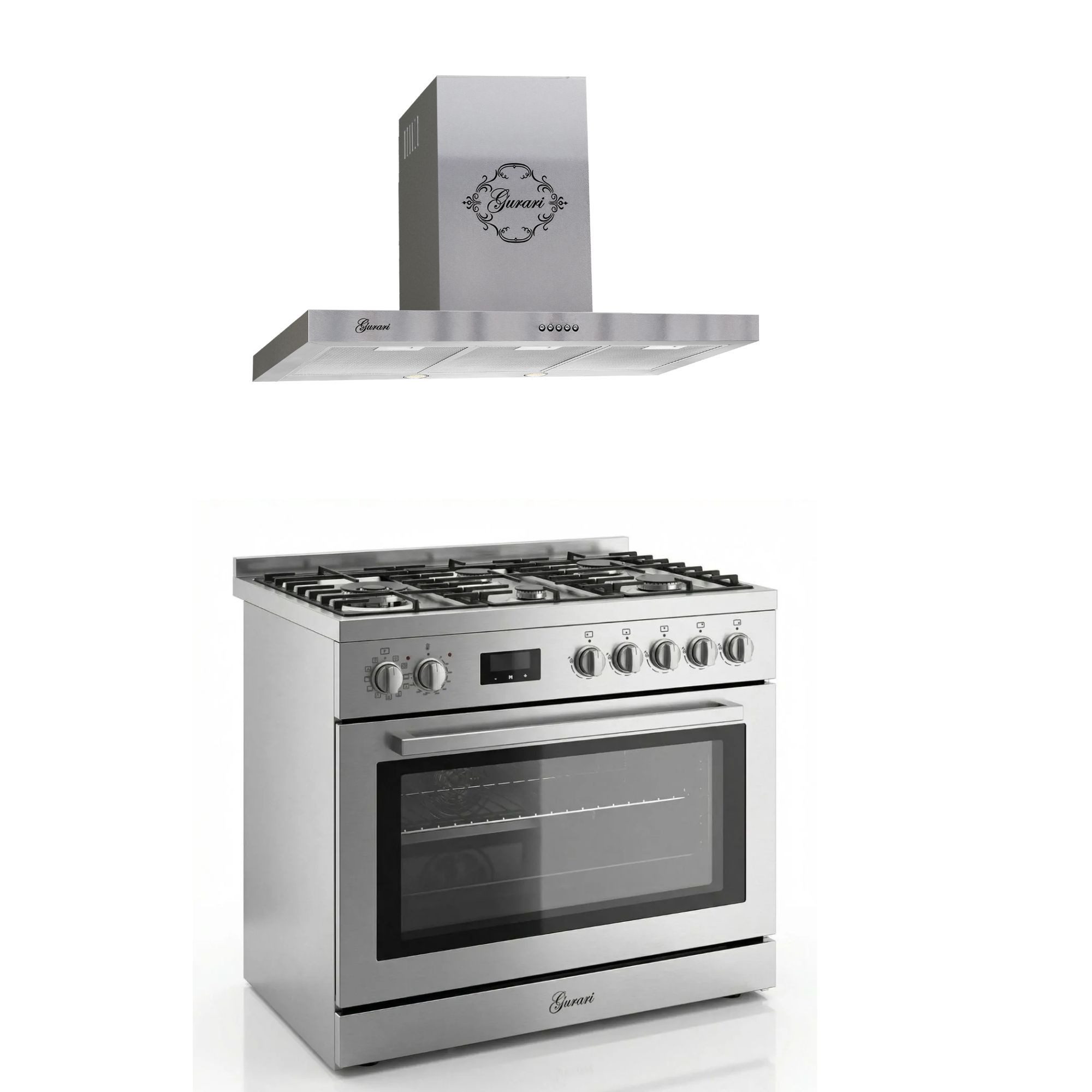 GURARI Gas-Standherd Edelstahl Gas Elektro Standherd 90 cm 126 L Erdgas Fl.Gas 4 Kw WOK,Selbstreinigung+Dunstabzugshaube 90 cm, 1000m³/h, 3 Stufen, Edelstahl GCH E 818 X+GCH 461 IS 9, mit 1-fach-Teleskopauszug