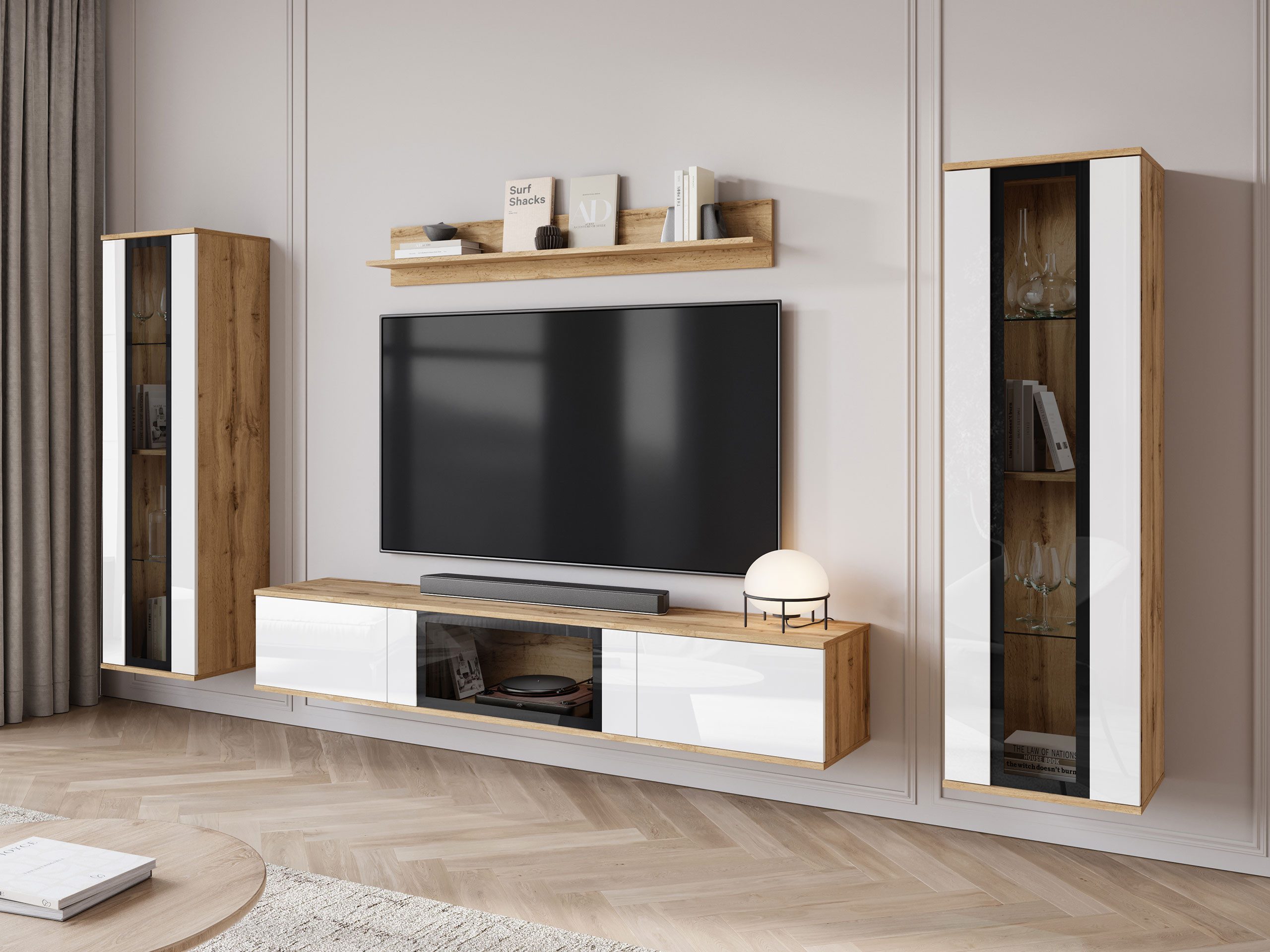 MIRJAN24 Wohnwand Caro, (4er-Set, Hängevitrine x2, TV-Lowboard, Wandregal), LED-Beleuchtung als Option