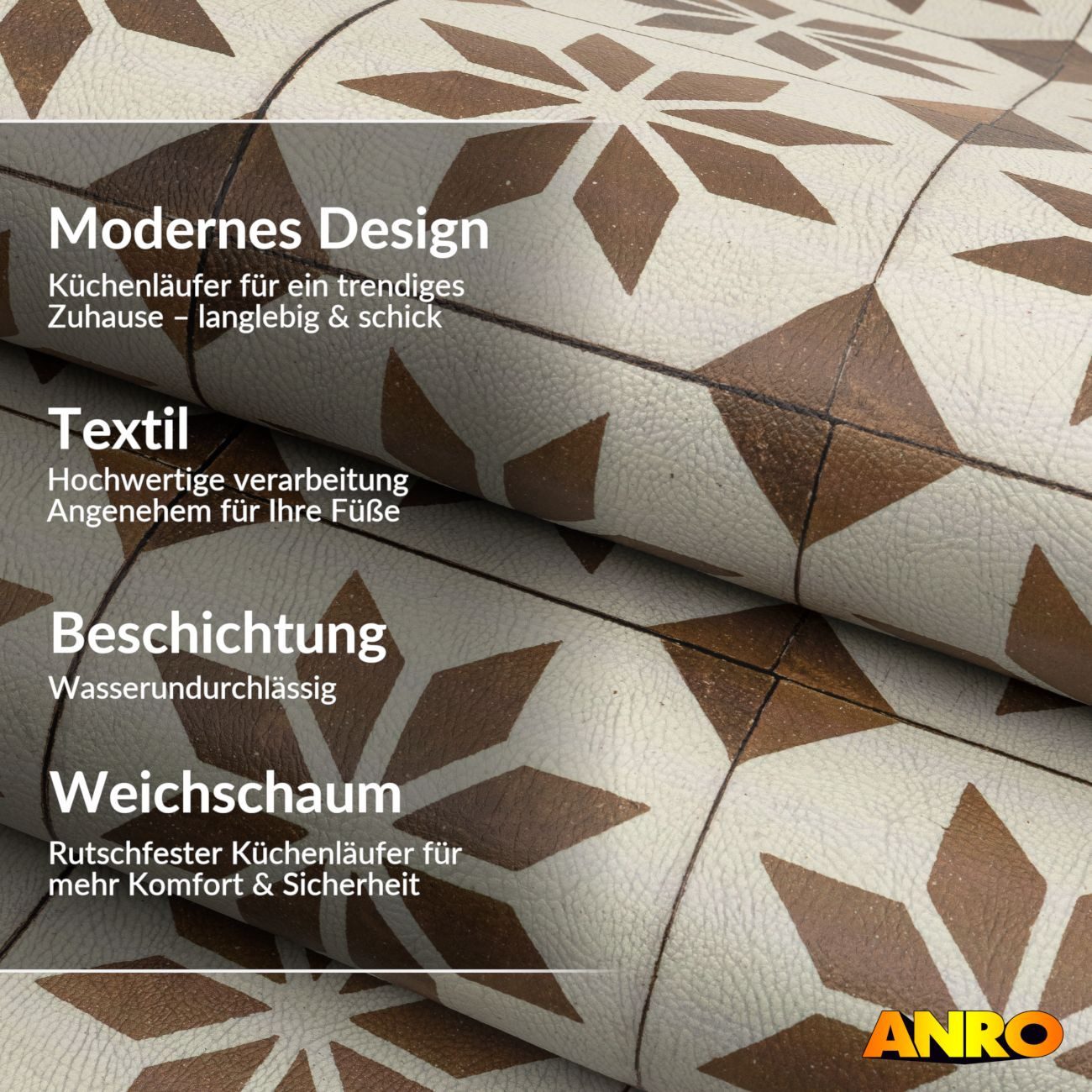 ANRO Küchenläufer abwaschbar BOHO LADY Läufer pflegeleicht Küchenteppich, Rechteckig, Höhe: 3 mm, robust schmutzabweisend 67x100cm Mediterranean Braun robust