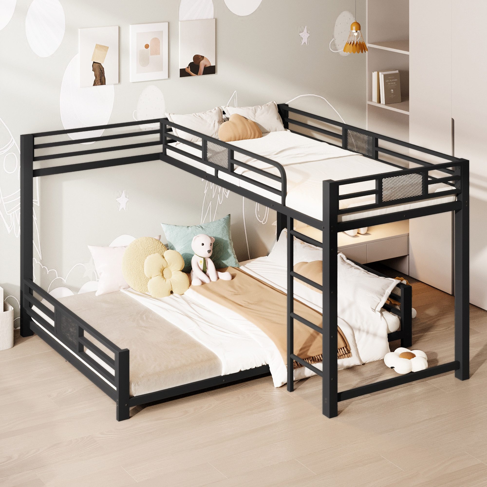 Merax Etagenbett 90x200cm/140x200cm in L-Form (Stockbett Jugendbett Mehrzweckbett, 1-St), Metallbett Doppelbett Kinderbett mit Stauraum, Leiter und Schutzzaun