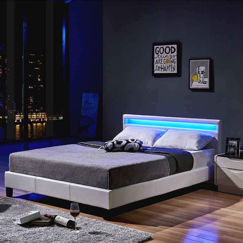 HOME DELUXE Bett »LED Bett ASTRO« (Set, 2-tlg., Bett und Lattenrost), extra großes gepolstertes Kopfteil, Variante mit oder ohne Matratze