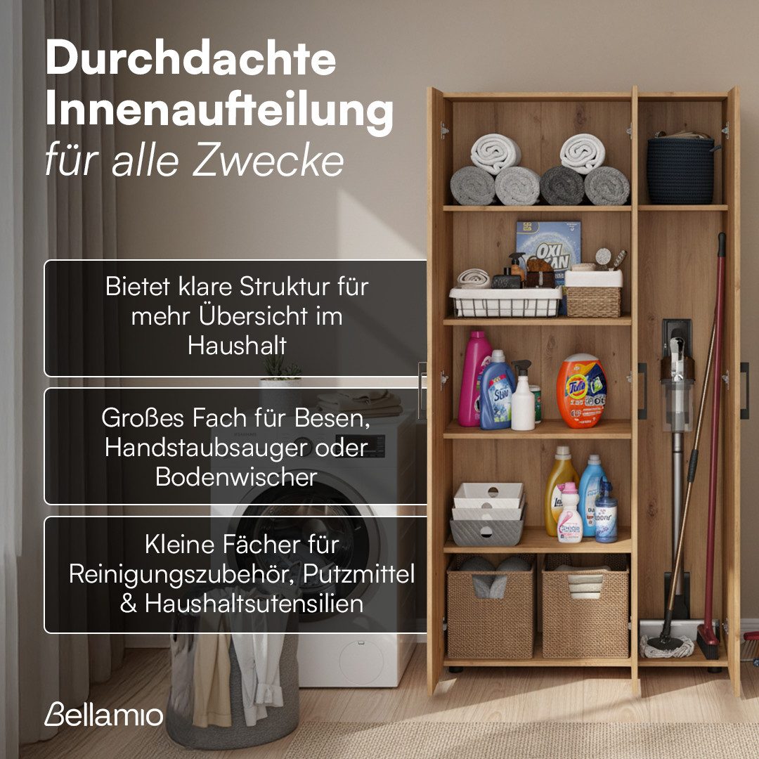 Bellamio Mehrzweckschrank Apol, Hochschrank aus Holz, Aufbewahrungsschrank (Eichenoptik) Akten- und Besenschrank mit 7 Fächern, inkl. Staubsaugerfach – Bild 3 von 5