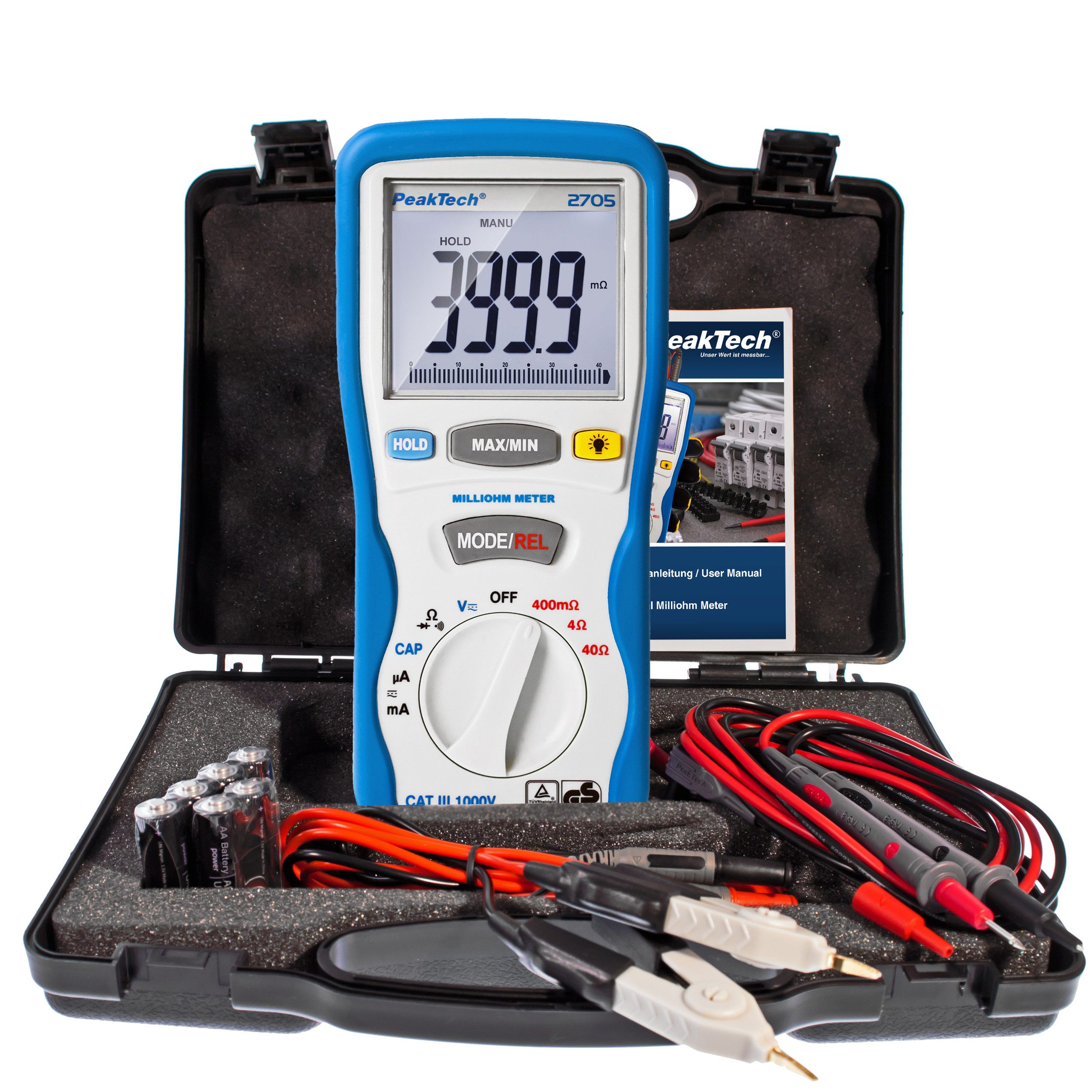 Spannungsprüfer PeakTech P 2705: Milliohmmeter ~ 4.000 Counts ~ 400 MOhm /4/40 Ohm