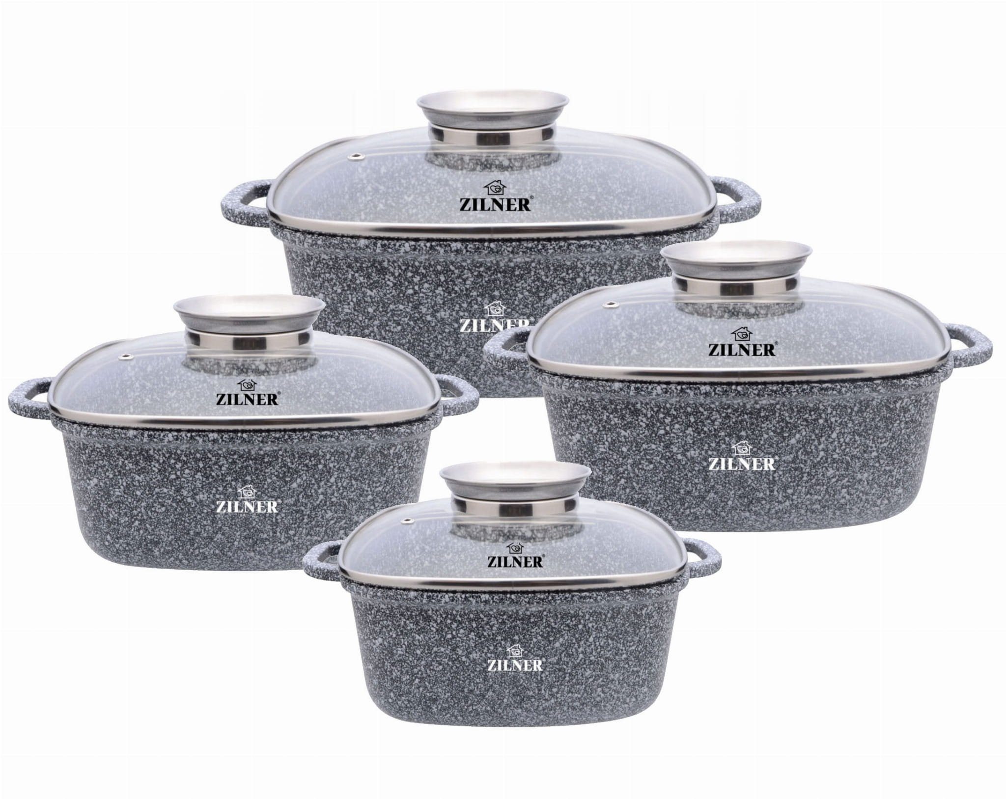 Zilner Topf-Set Schöne graue quadratischen Töpfe Glasdeckel Bräter Steinbeschichtung, Aluminiumguss, Aluminium, Keramik, Edelstahl (2.8L 20x20 cm / 3.5L 22x22 cm / 4.4L 24x24 cm / 5.5L 26x26 cm, 8-tlg., Es ist eine perfekte Geschenkidee für jeden Anlass), Innovative Aroma Knob-Griffe