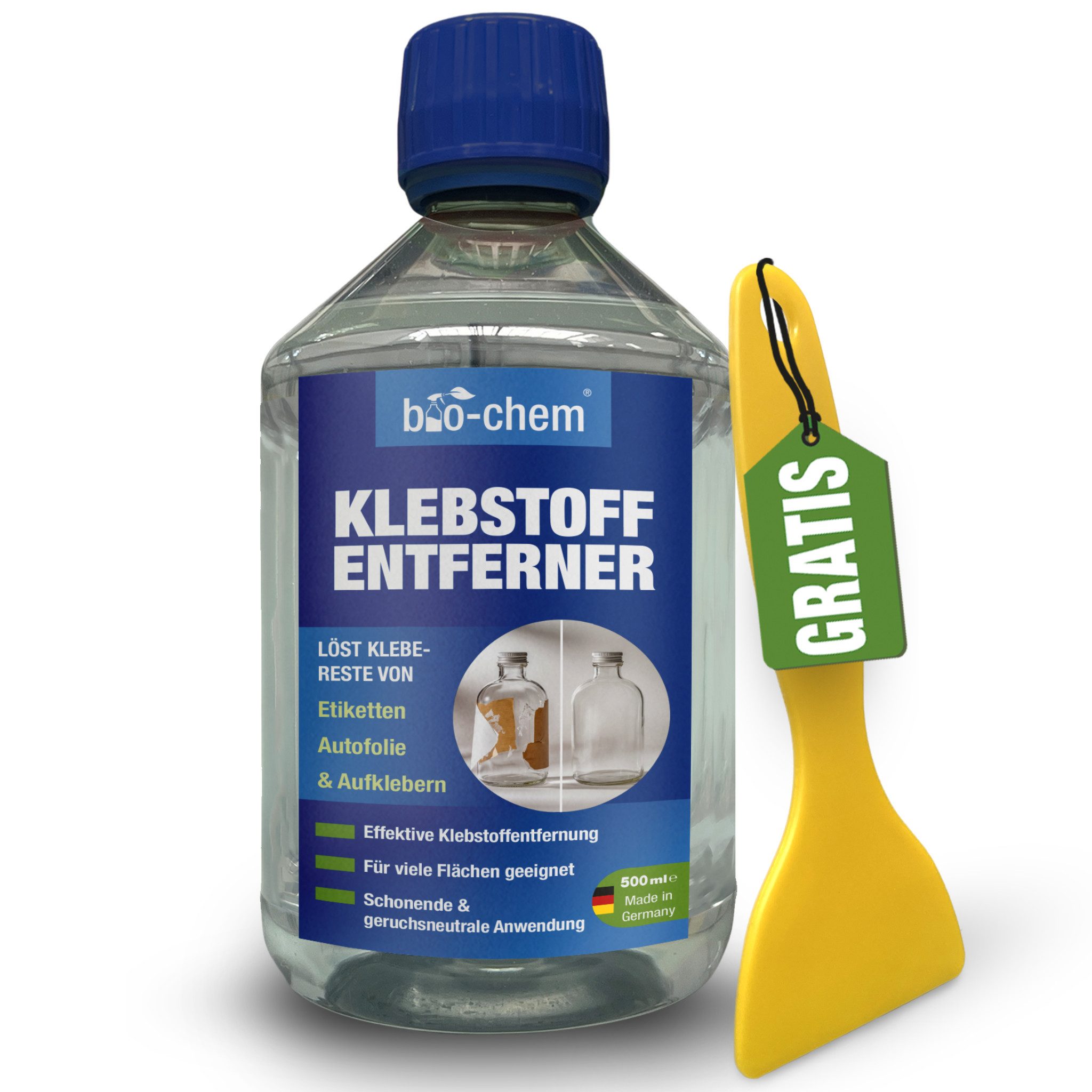 bio-chem Klebstoffentferner Etikettenlöser Klebereste einfach entfernen 500 ML Allzweckreiniger (Einzelprodukt, [- Klebstoffentferner 0.5 l + Handschaber gelb Mit Schaber für mühelose Etikettenentfernung)