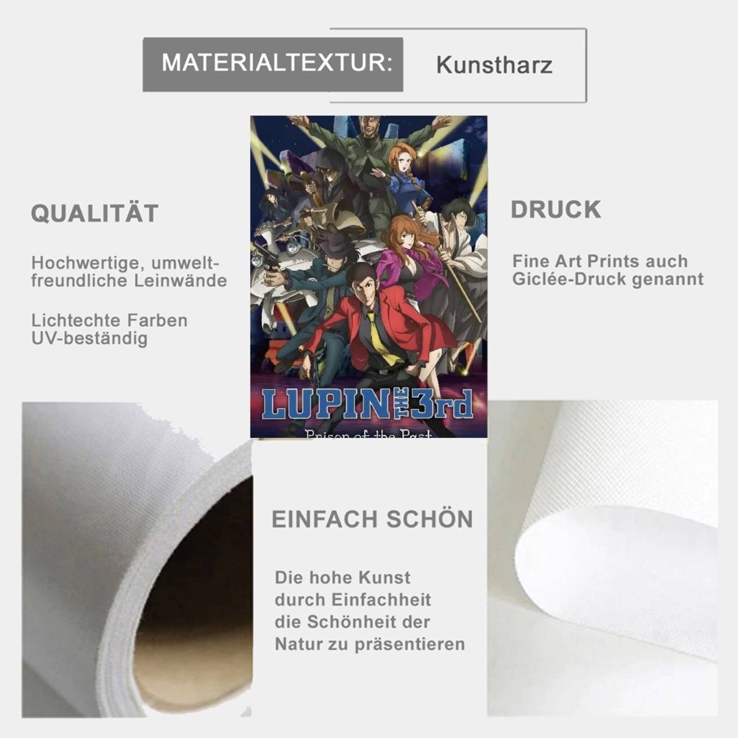 TPFLiving Kunstdruck OHNE RAHMEN, Lupin the Third Poster (Leinwandbild XXL), Farben: Farben: blau, rot, grünGröße: 15x20cm