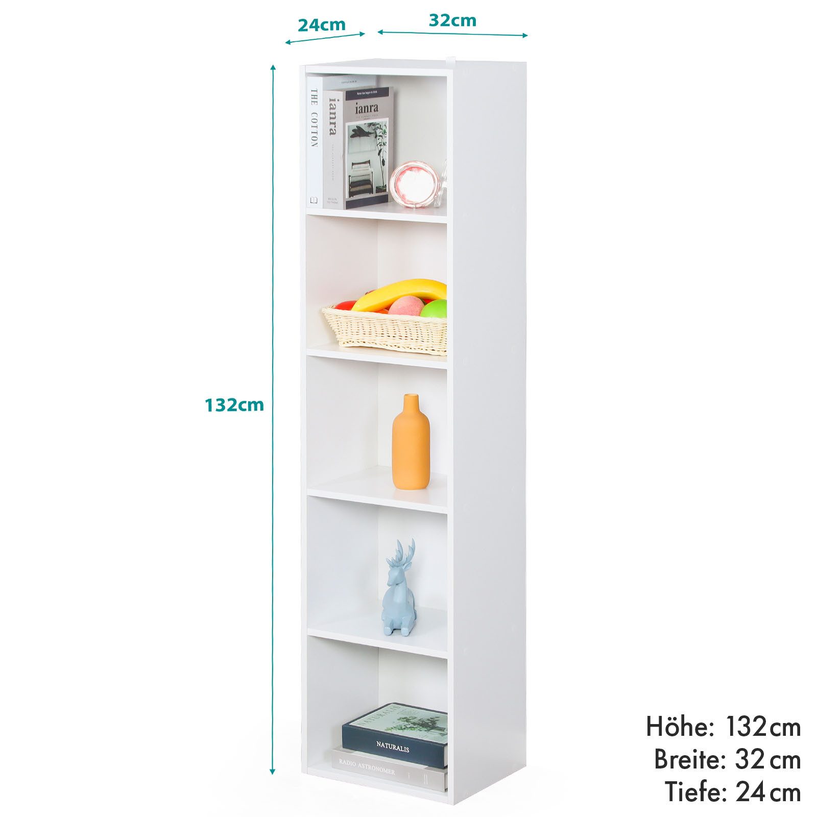 Floordirekt Bücherregal Alaska in 2 Größen, weißes Regal aus MDF, platzsparend & schmal, 5 Etagen 32 x 24 x 132 cm 1-tlg., stehendes Regal für alle Räume, Anit-Kipp-Sicherung, stabile Bauweise