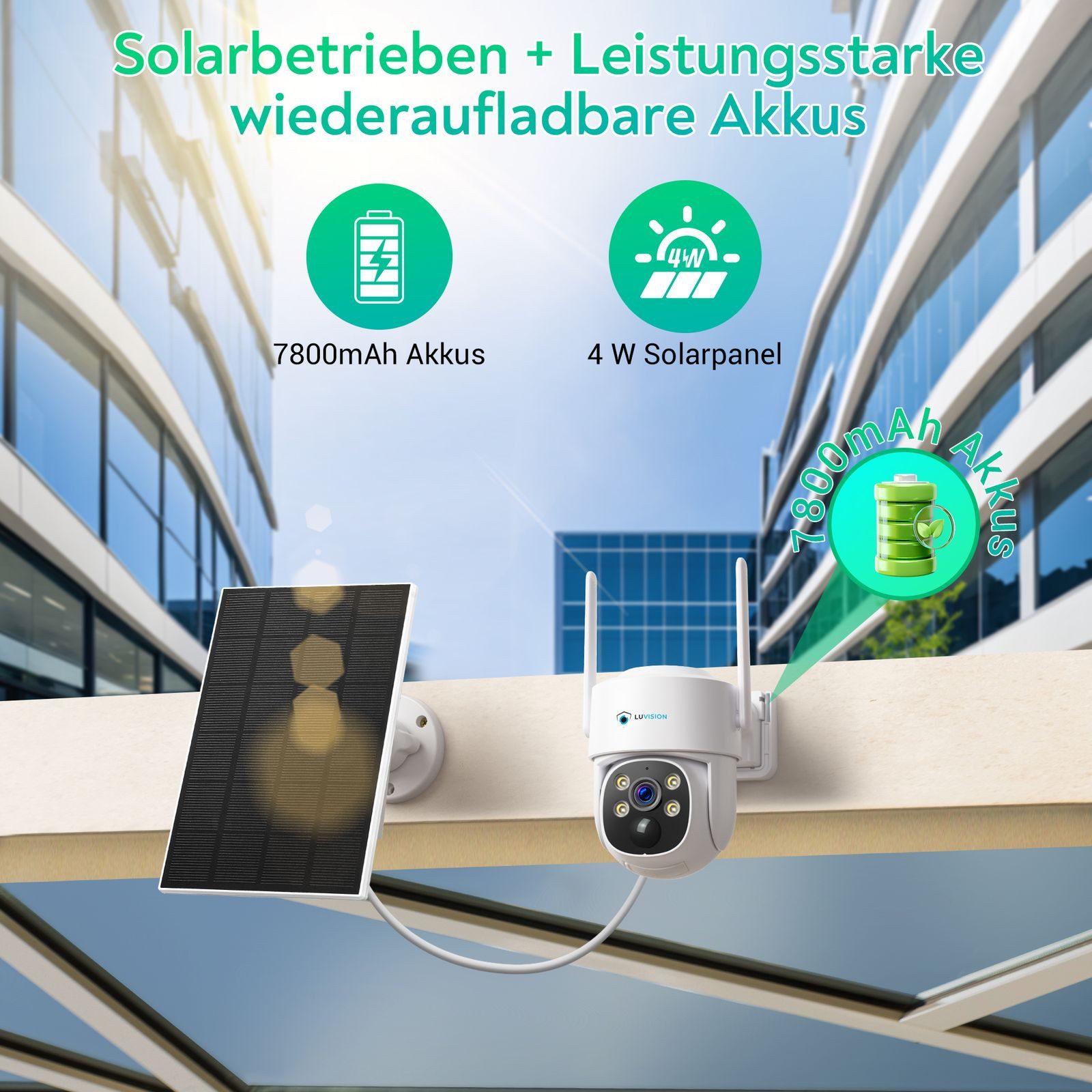 LUVISION Überwachungskamera W601 (Außenbereich, 4-tlg., WLAN Solar Akku Überwachungssystem 4 Kanal Funk Kamera Set Mikrofon, 2-Wege Audio, Mikrofon, 10 Kanal NVR, Sirene, Nachtsicht, PTZ)