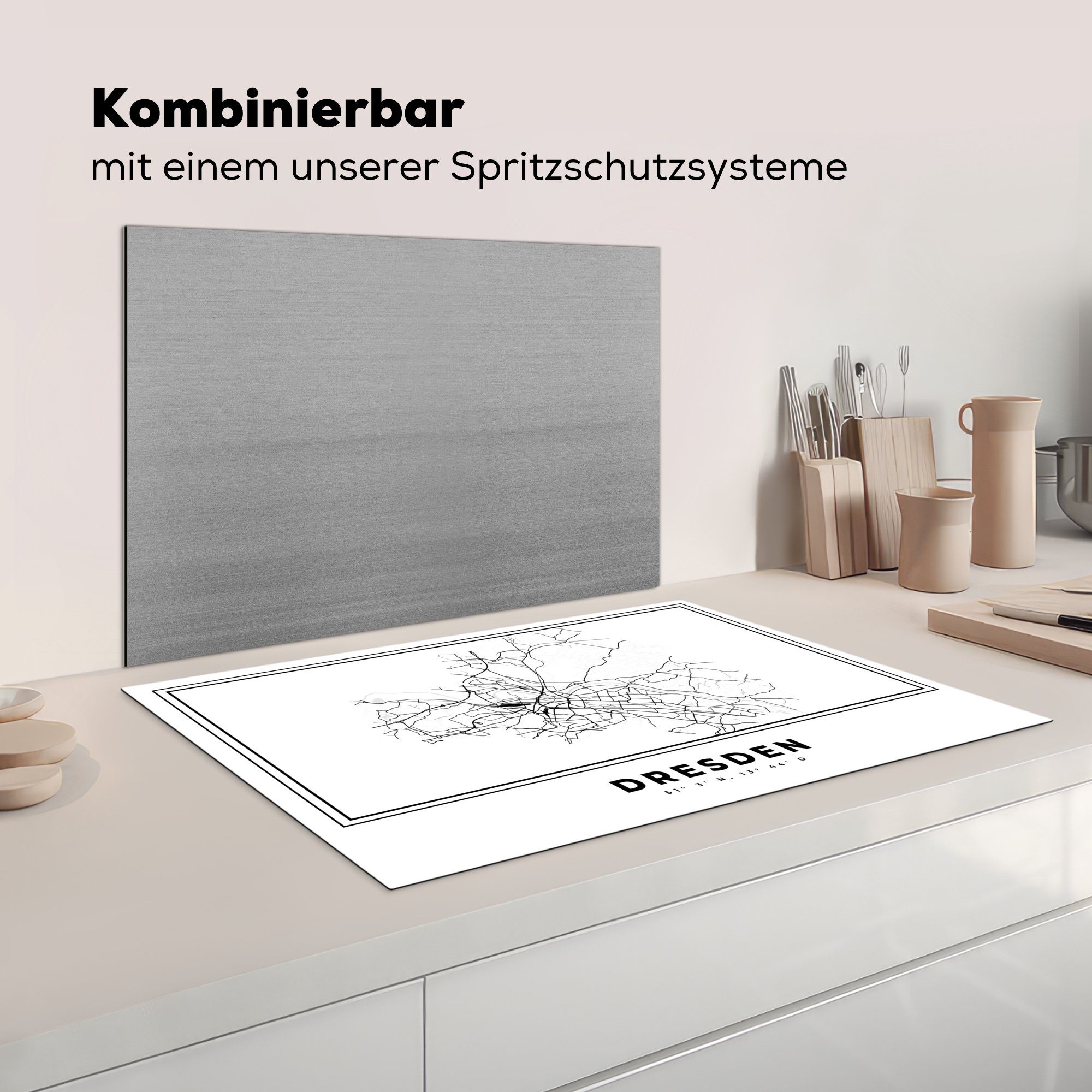 - Schwarz cm, Stadtplan Schutz weiß - Vinyl, - die (1 küche, Dresden, Deutschland Herdblende-/Abdeckplatte tlg), Induktionskochfeld 81x52 für und MuchoWow Ceranfeldabdeckung