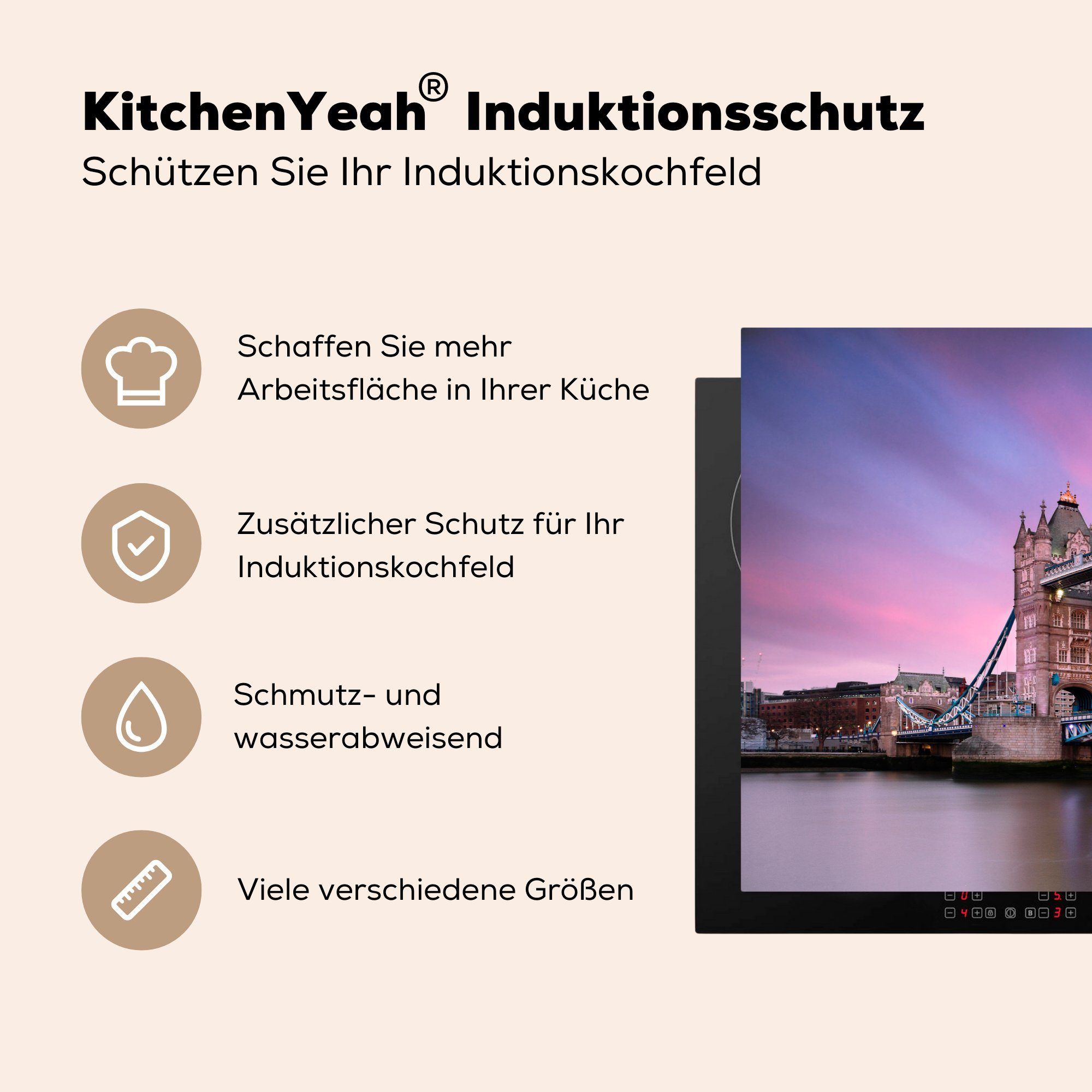 und küche, Rosa cm, über 81x52 Induktionskochfeld Herdblende-/Abdeckplatte Vinyl, MuchoWow der England, in (1 Schutz Tower Bridge lila die für tlg), Ceranfeldabdeckung Himmel