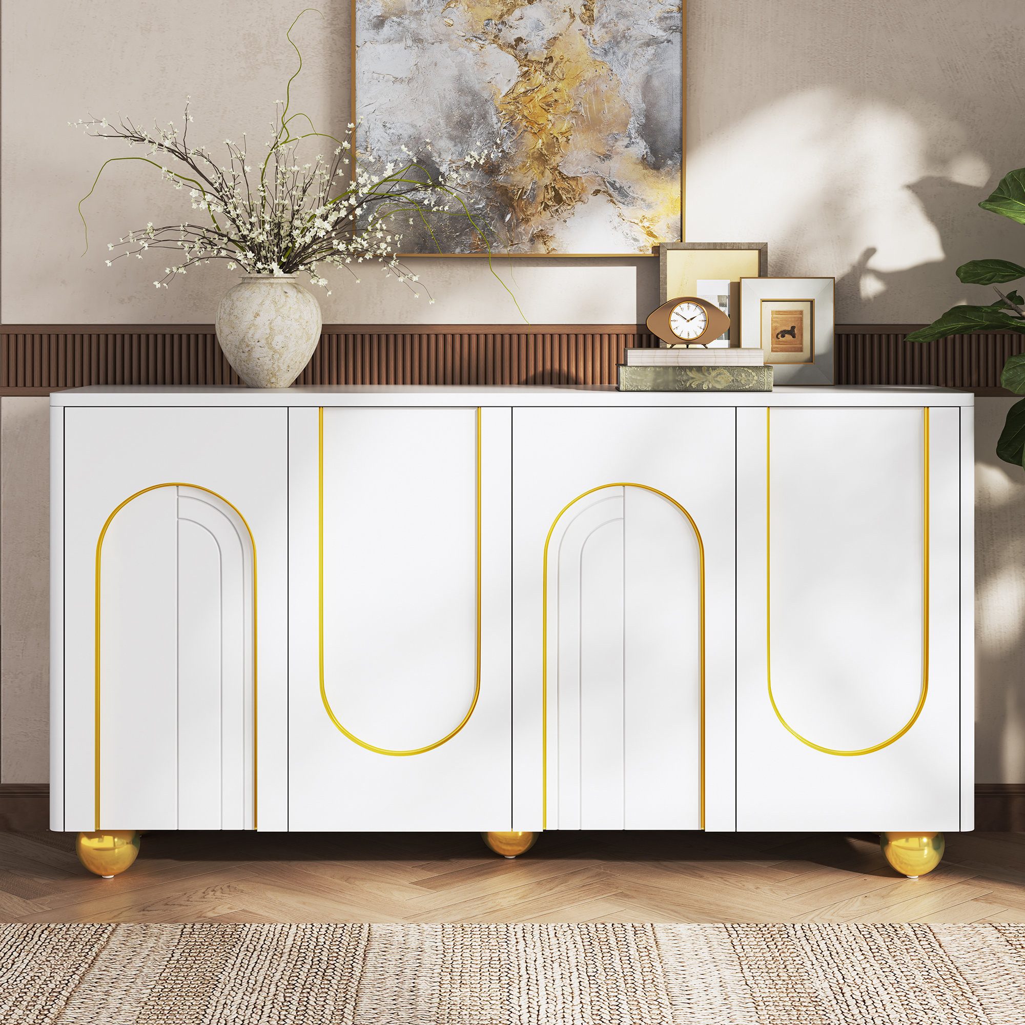 Odikalo Sideboard Schrank Mehrzweckschrank mit dekorativer Gold-Bogenprägung (Wohnzimmerschrank,Viertüriges Sideboard Esszimmer Staurschrank mit Bogen-Goldlinien-Dekor mit kugelförmigen Metallfüßen für Diele und Wohnzimmer), 140 L x40 B x 74 H(cm)