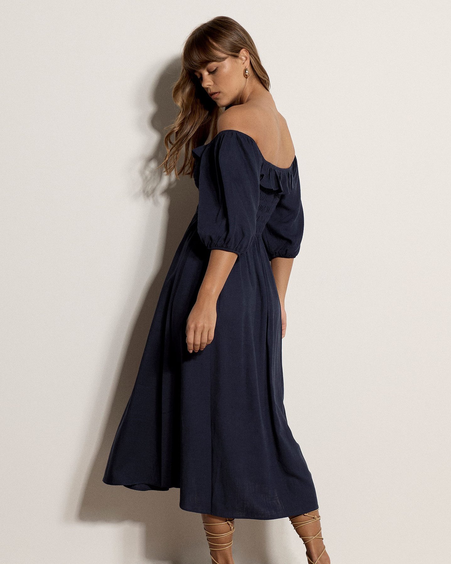 Apricot Maxikleid Langes Kleid mit Bardot-Ausschnitt mit Raffungen