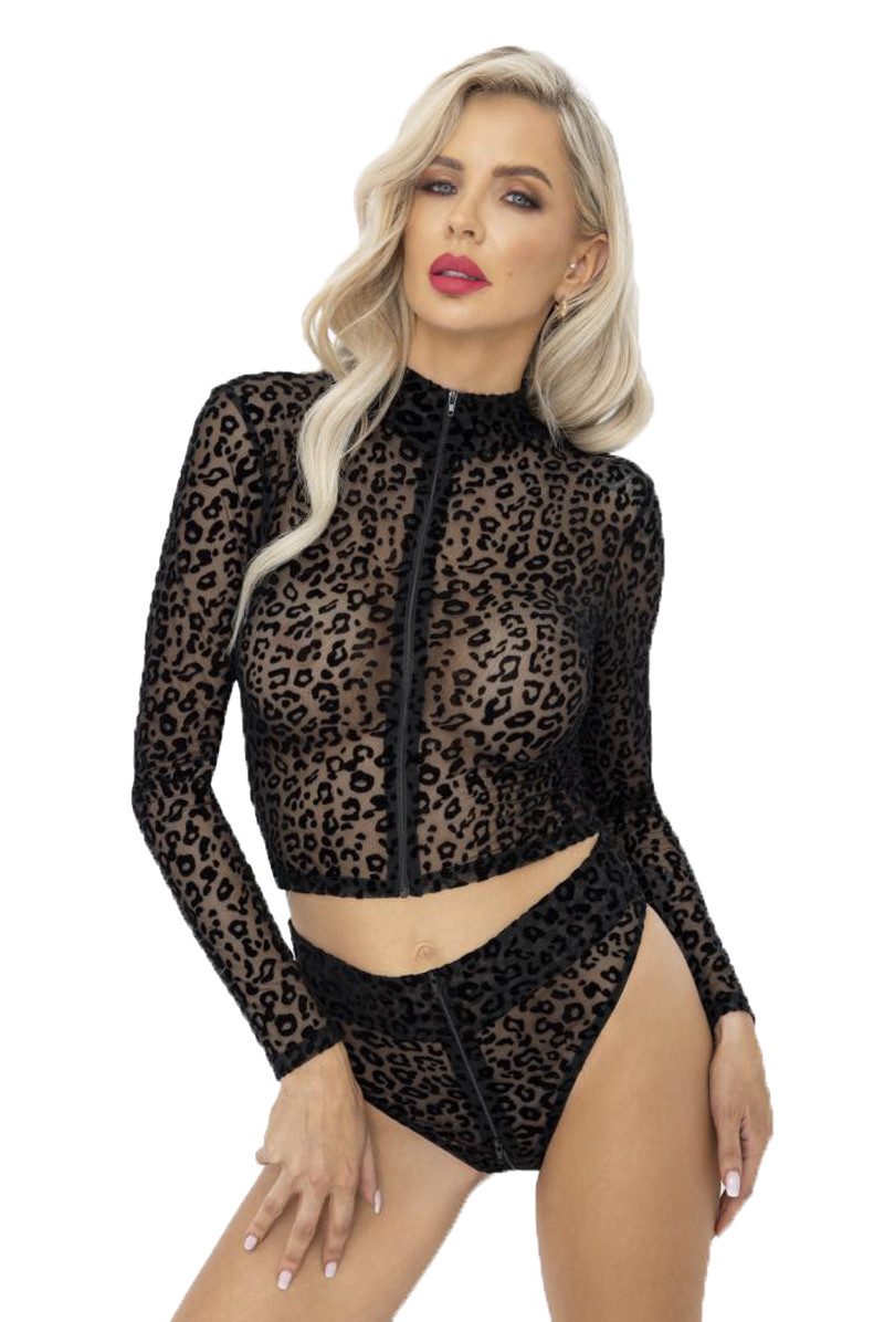 Noir Handmade Trägertop Transparentes schwarzes Damen Leopardenflock Top mit langen Ärmeln und