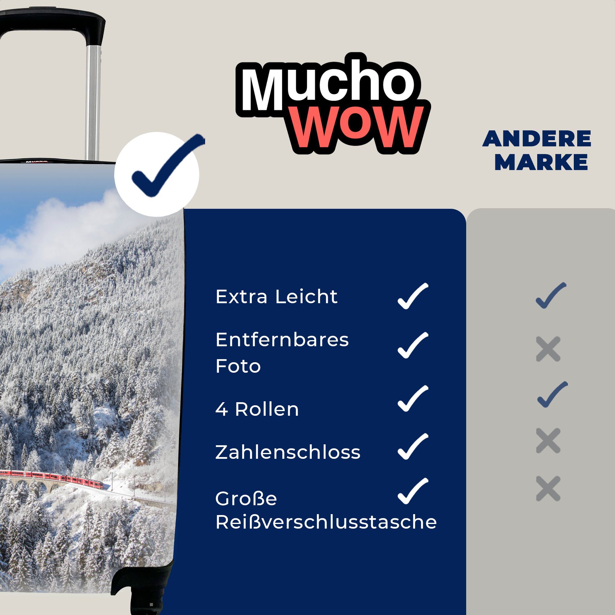 MuchoWow Handgepäckkoffer Alpen Trolley, - Rollen, Ferien, für Handgepäck rollen, Schnee, Reisekoffer - 4 mit Bahnstrecke Reisetasche