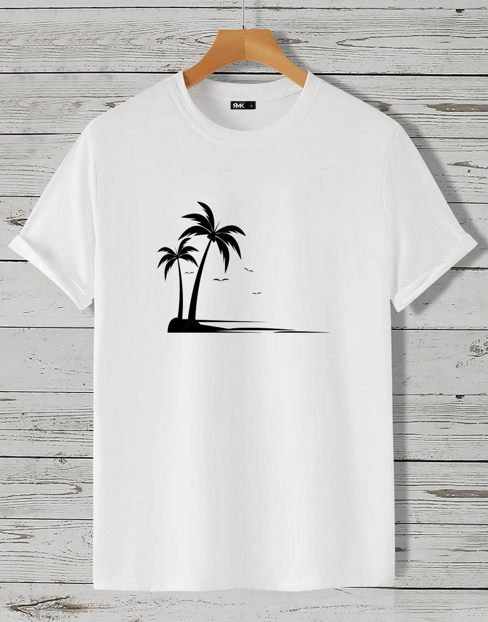 Motiv The Baumwolle Rundhals "Palme in Shirt RMK Herren T-Shirt Insel kurzarm aus Unifarbe, Beach"