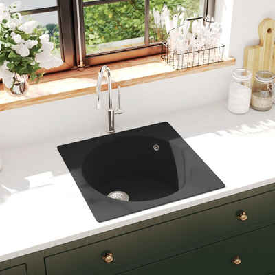 vidaXL Granitspüle Küchenspüle mit Überlauf Schwarz Granit, 48/48 cm