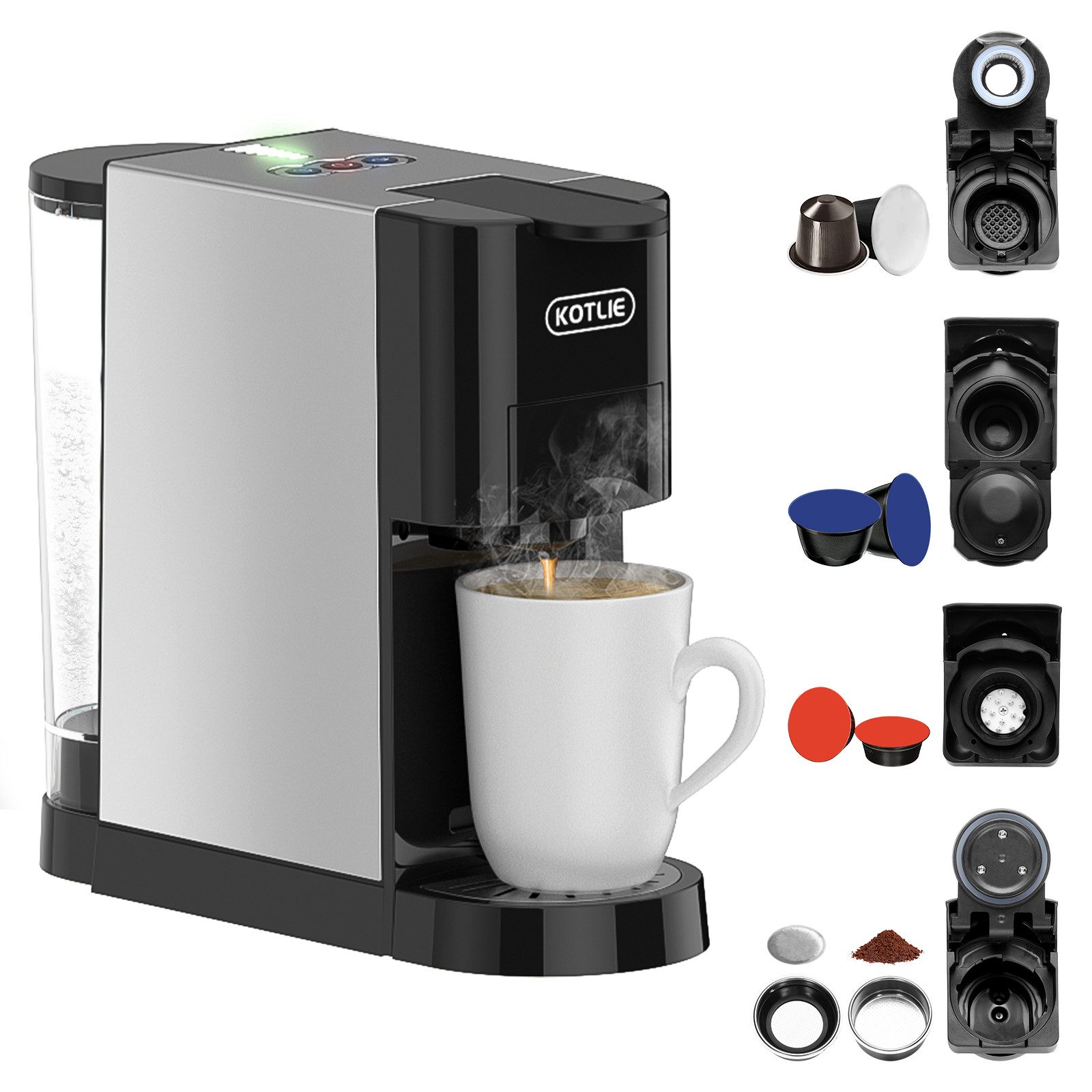 KOTLIE Kapsel-/Kaffeepadmaschine AC-513HF, 5 in 1, Kapselkaffeemaschine für Mio /NES/DG/Kaffeepulver/ESE pods( 44mm)
