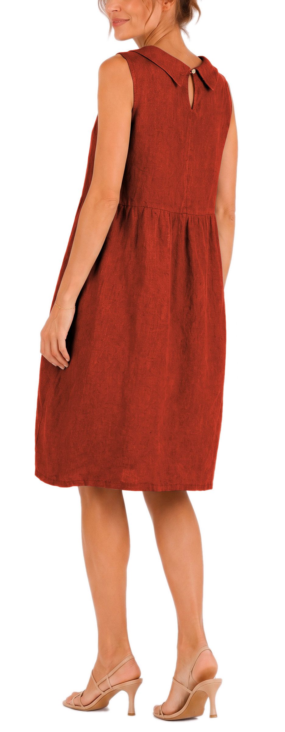 dy_mode Midikleid Damen Leinenkleid Luftiges Midi Sommerkleid Ballonkleid Strandkleid in Unifarbe, Wasserfallkragen, mit seitlichen Eingriffstaschen