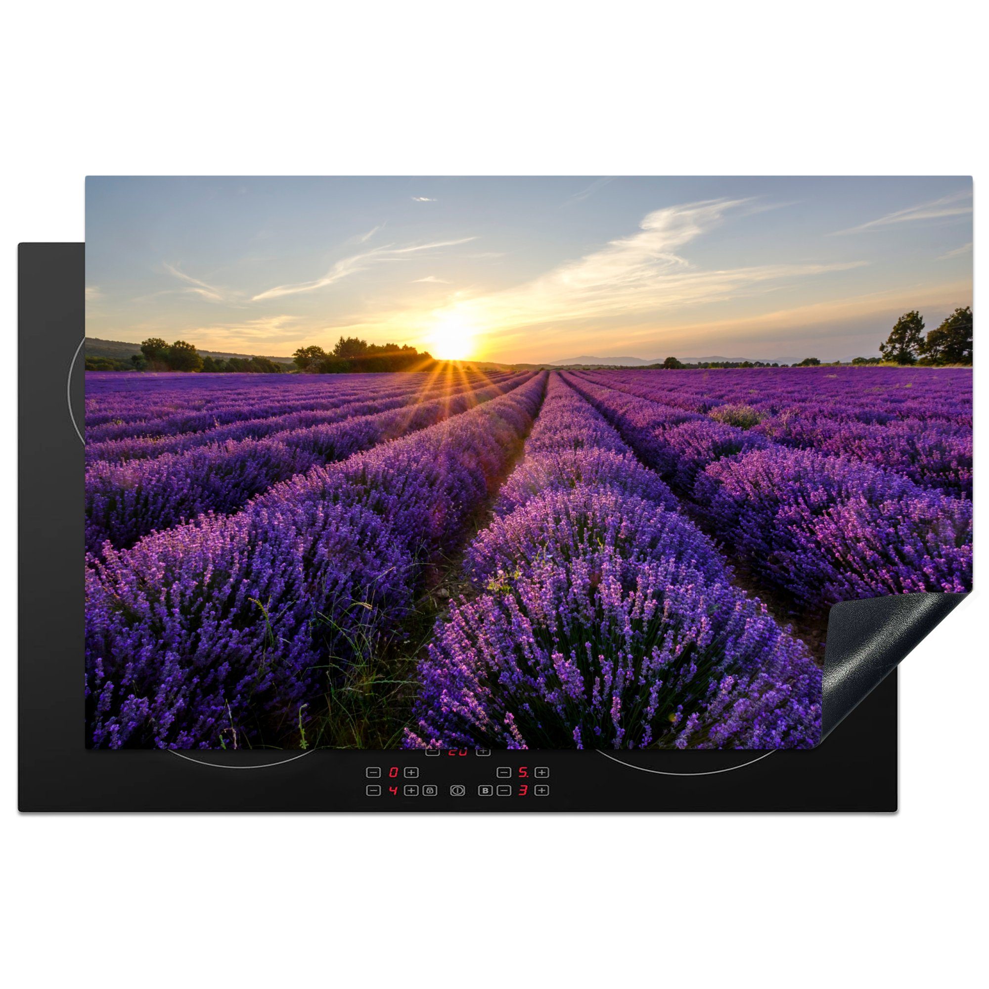 MuchoWow Herdblende-/Abdeckplatte Lavendel - Blumen - Sonnenuntergang - Lila, Vinyl, (1 tlg), 81x52 cm, Induktionskochfeld Schutz für die küche, Ceranfeldabdeckung