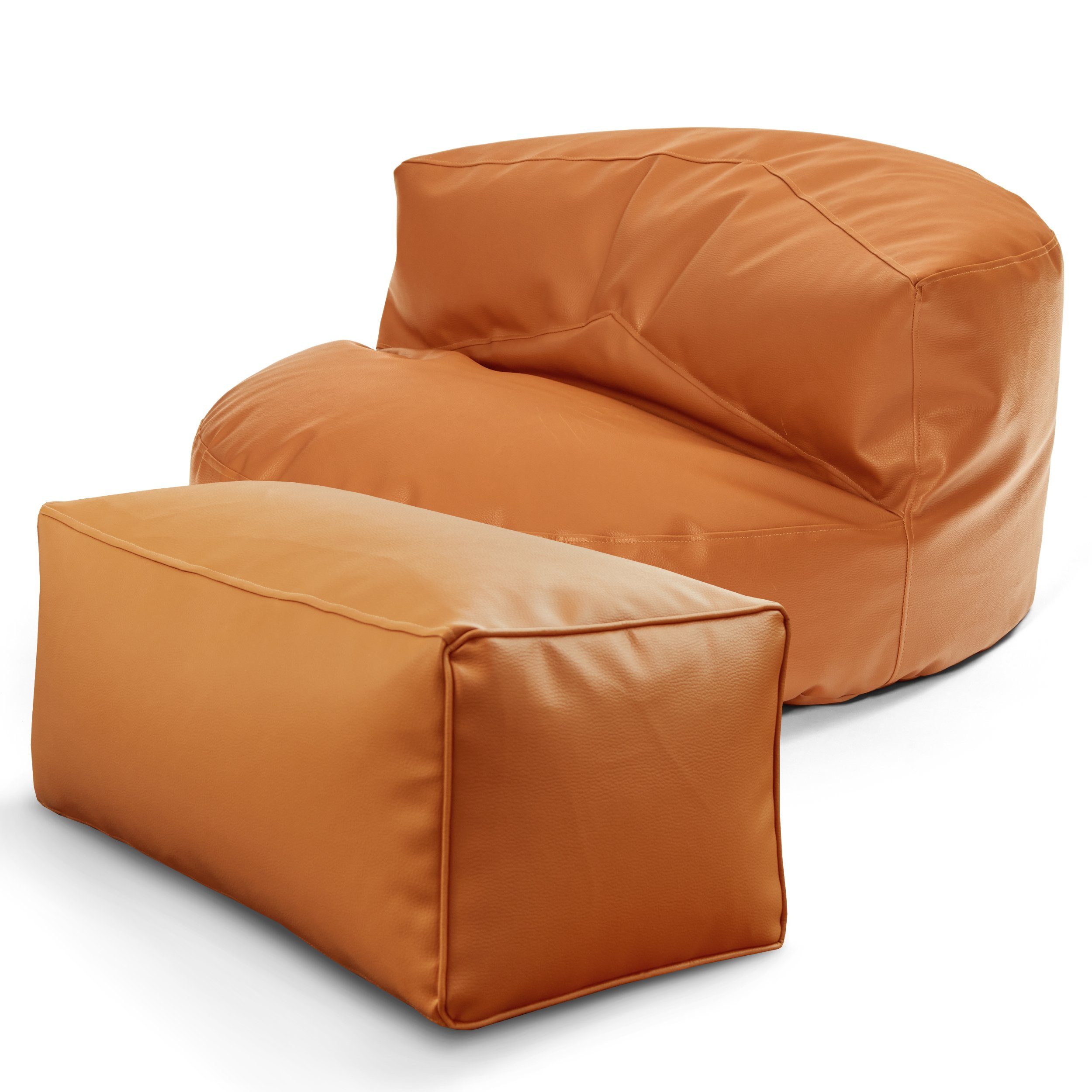 Green Bean Sitzsack Sofa + Pouf Sitzsack als Set aus Kunstleder, EPS Perlen Füllung ca. 90x45cm - Couch XXL Riesensitzsack Lounge Ottomane Cognac