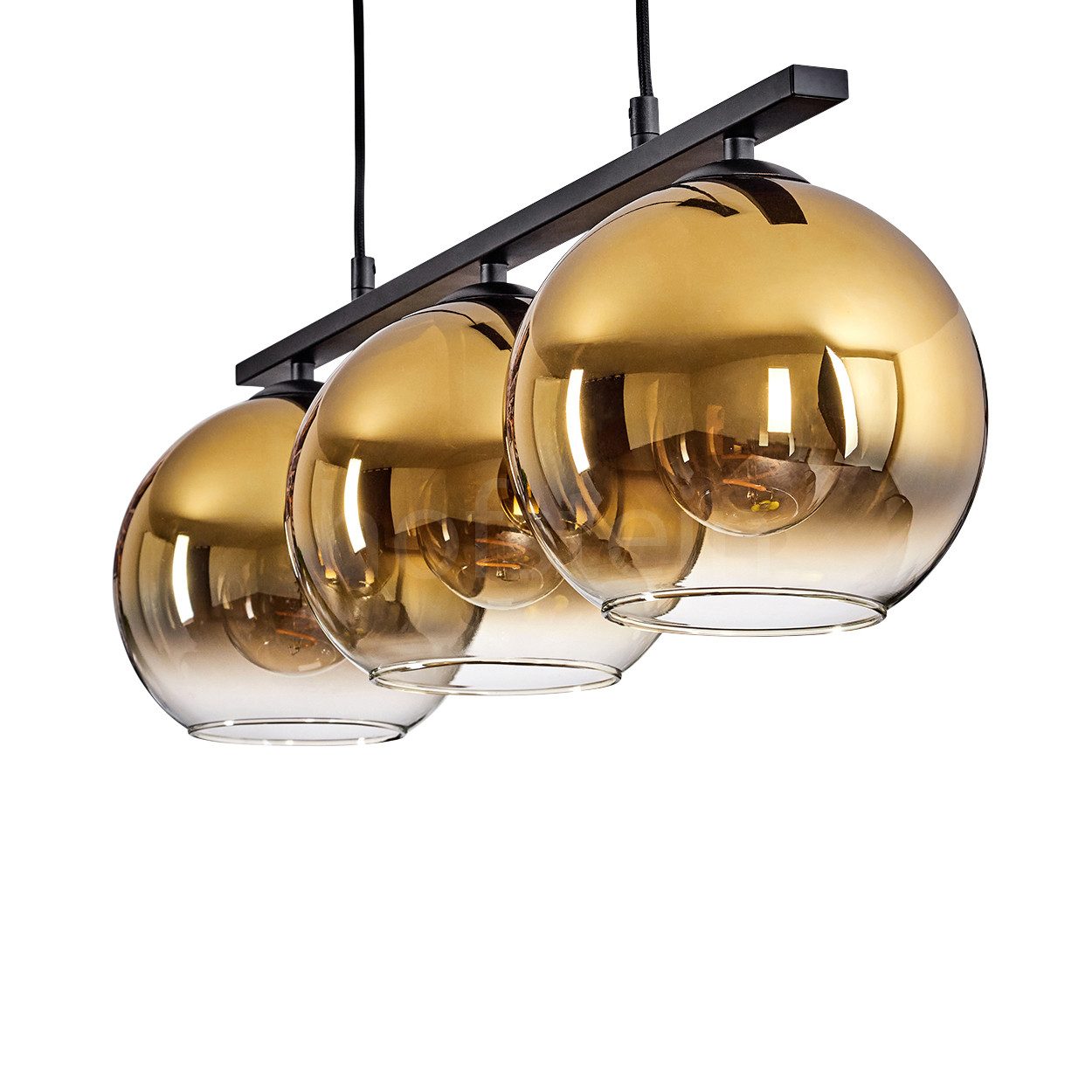 hofstein Pendelleuchte Hängelampe aus Metall/Glas in Schwarz/Goldfarben/Klar, ohne Leuchtmittel, Hängeleuchte mit Glasschirmen (20 cm), Höhe max. 116,5 cm, 3 x E27