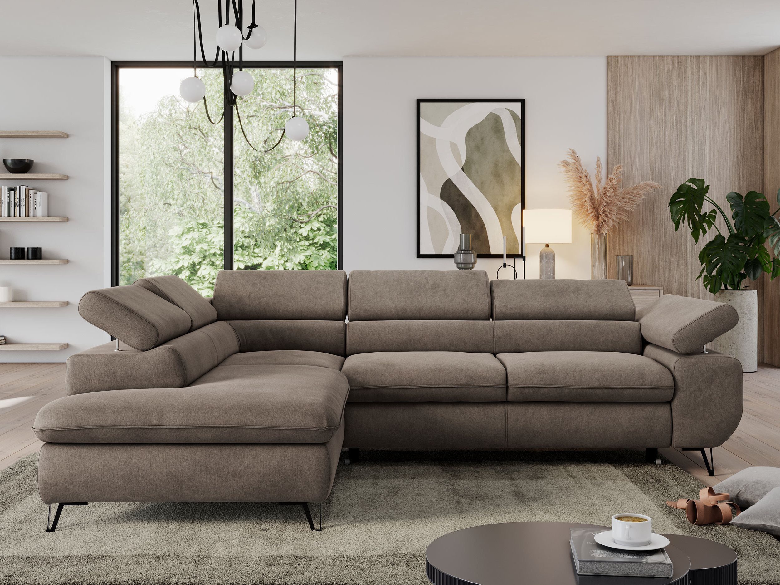 Ecksofa PEDRO L Velvet-Hydrophob Braun Monolith - Einrichtungsbeispiel
