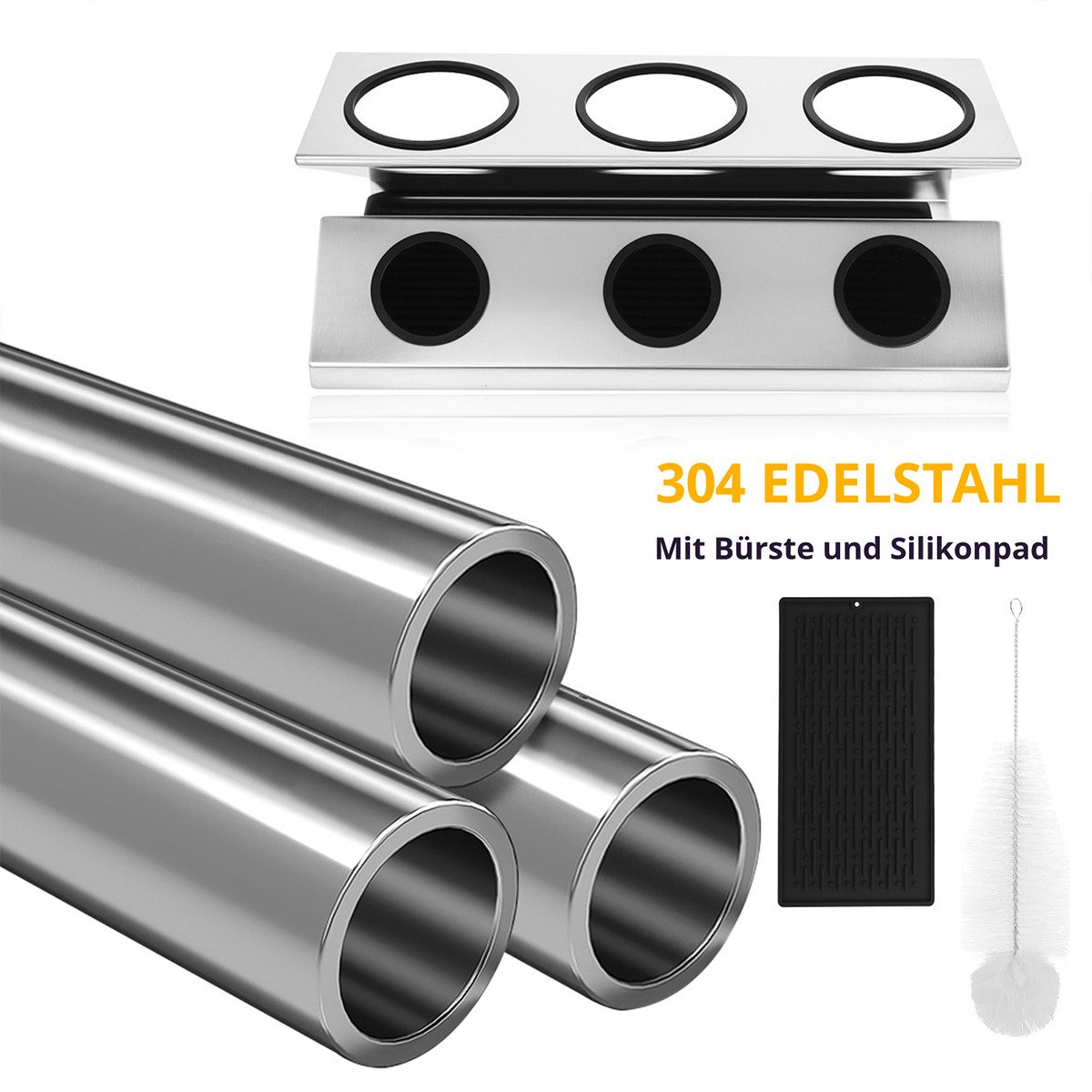 BlingBin Flaschenhalter Edelstahl Abtropfhalter,Deckelhalter Abtropfständer, (1 Set, 1-St., mit Einer Reinigungsbürste und Silikon Abtropfwanne), für Soda -Flaschen -Trocknungsregal, für Heimküche