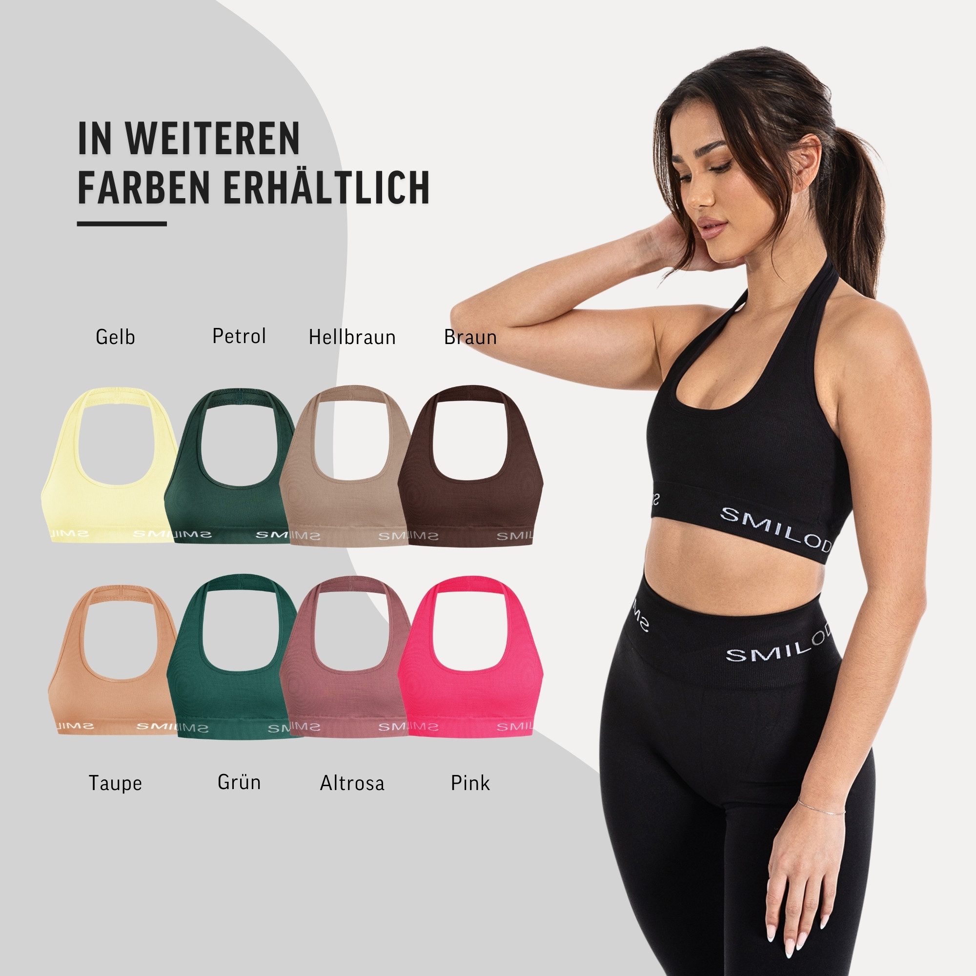 Smilodox Sport-BH Azura, Seamless Sport Top Rückenfrei Starker Halt Fitness Alltag Scrunch Bra ohne Bügel Atmungsaktiv Yoga Gym Bustier Schriftzug – Bild 4 von 5