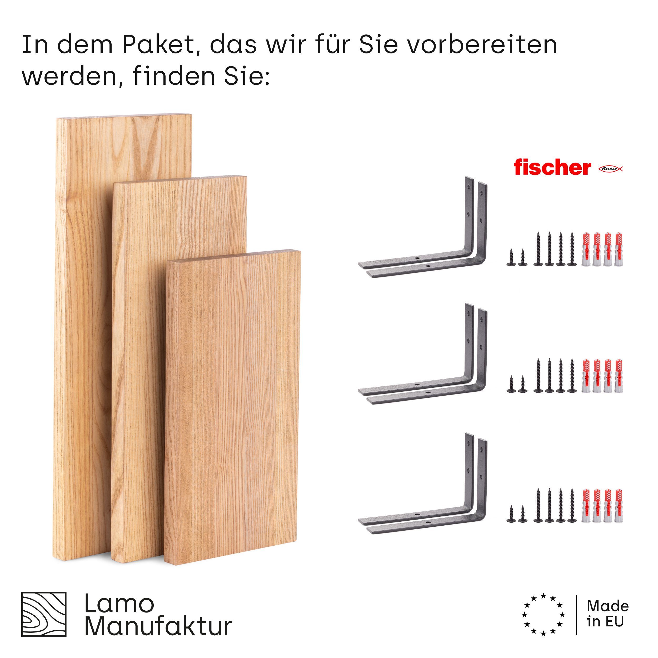 LAMO Manufaktur Wandregal LAMO Manufaktur 3 Stück Wandregal Holz 42/36/30cm, Schweberegal Massiv 100% Echtholz, Wandregale SET 3 Gerade Farbe: Natur