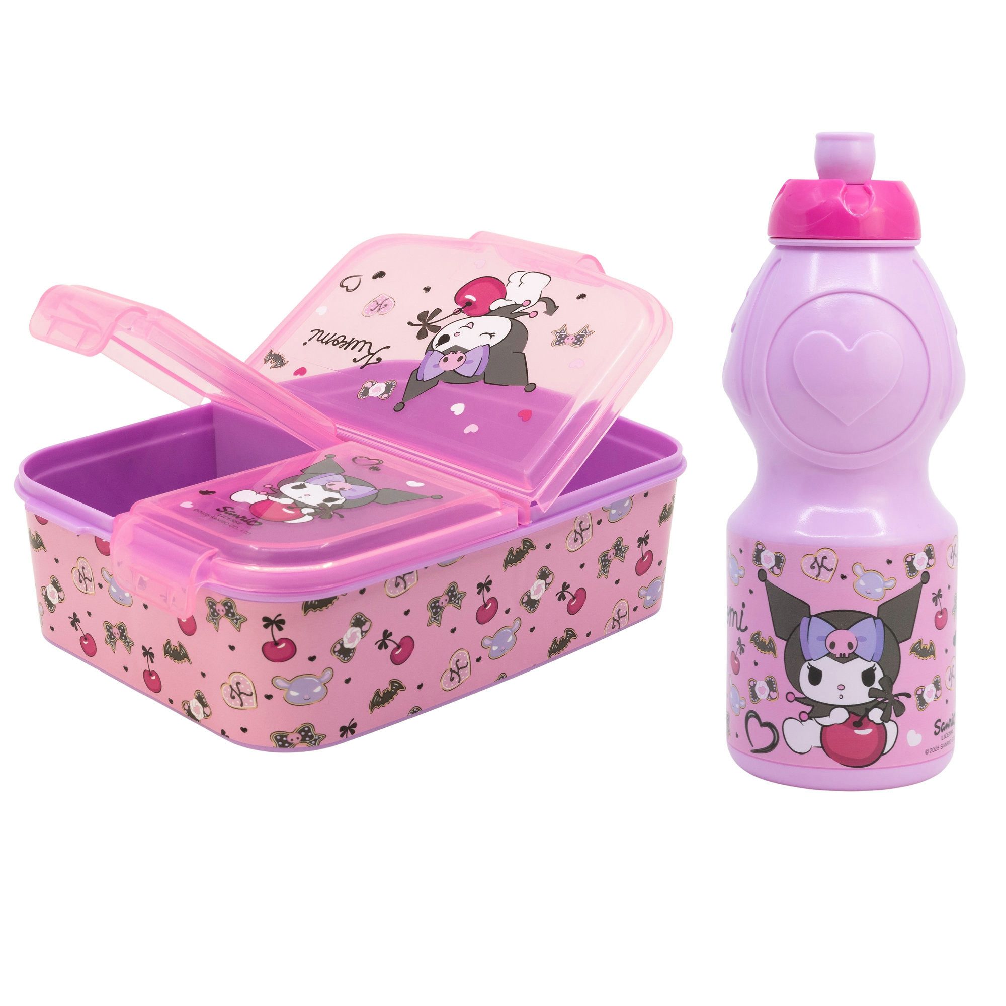 SANRIO Lunchbox Kuromi 2 tlg. Lunch Set Brotdose mit 3 Kammern Trinkflasche 400 ml, (Spar-Set, 2-tlg., Spar-Set)