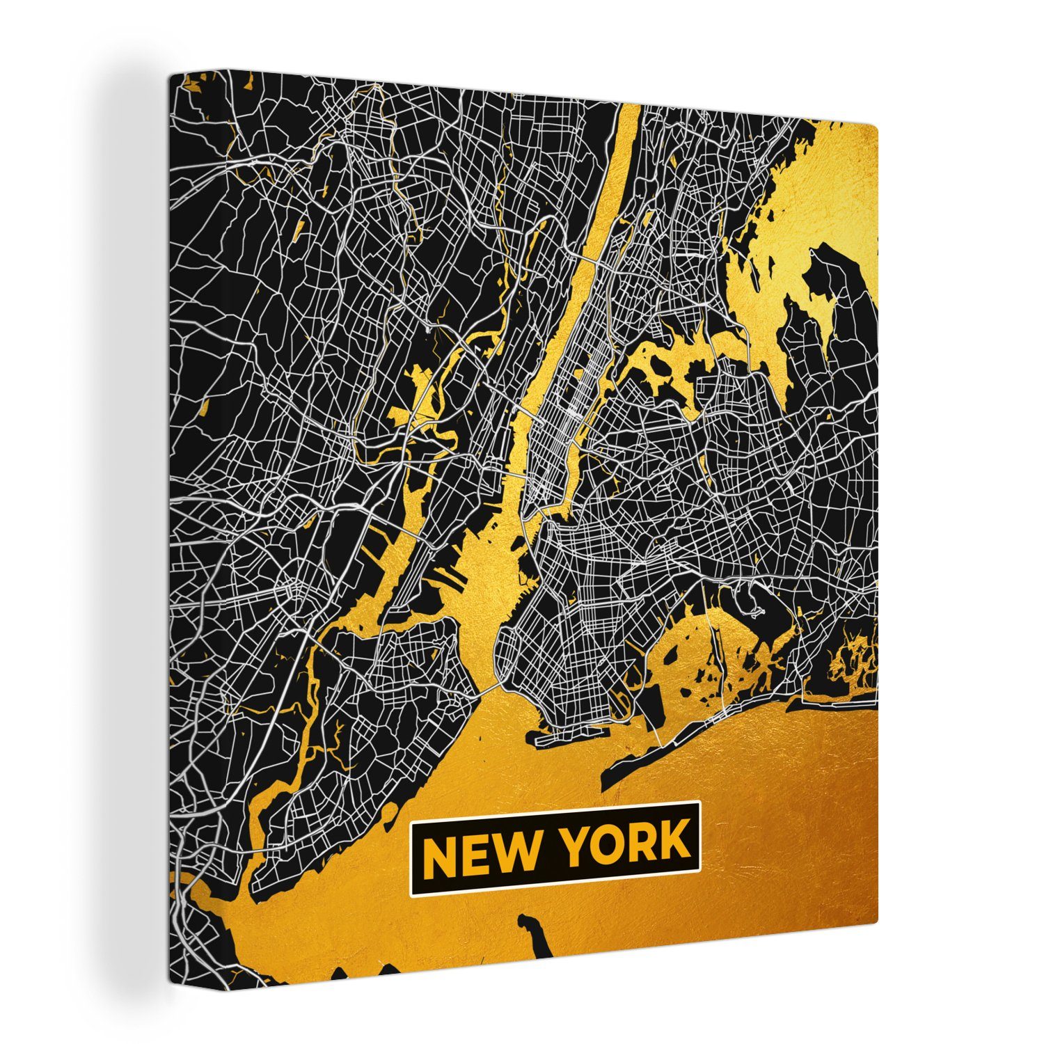 OneMillionCanvasses® Leinwandbild Gold - Stadtplan - New York - Karte, (1 St), Leinwand Bilder für Wohnzimmer Schlafzimmer