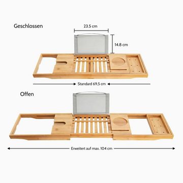 KOLMAN Badewannenablage Bambus Badewannenablage, Universelle große 70-104 cm, Buch-/Tablet-Halter, Weinglashalter