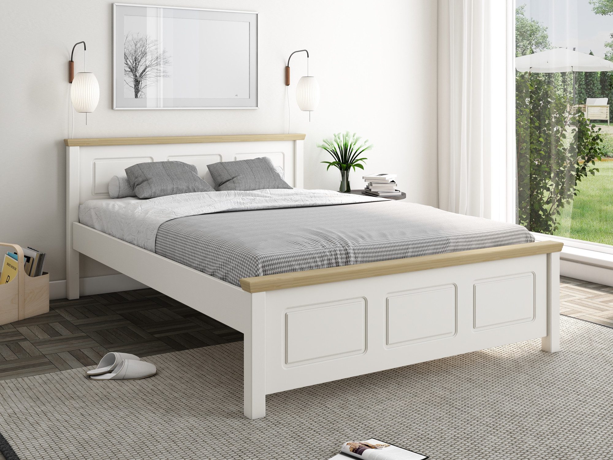 Home affaire Massivholzbett "ERIK", Made in Europe, optional mit Schublade, Massivholz Kiefer (FSC® zertifiziert), in mehreren Größen, Landhausstil mit Kassettenoptik